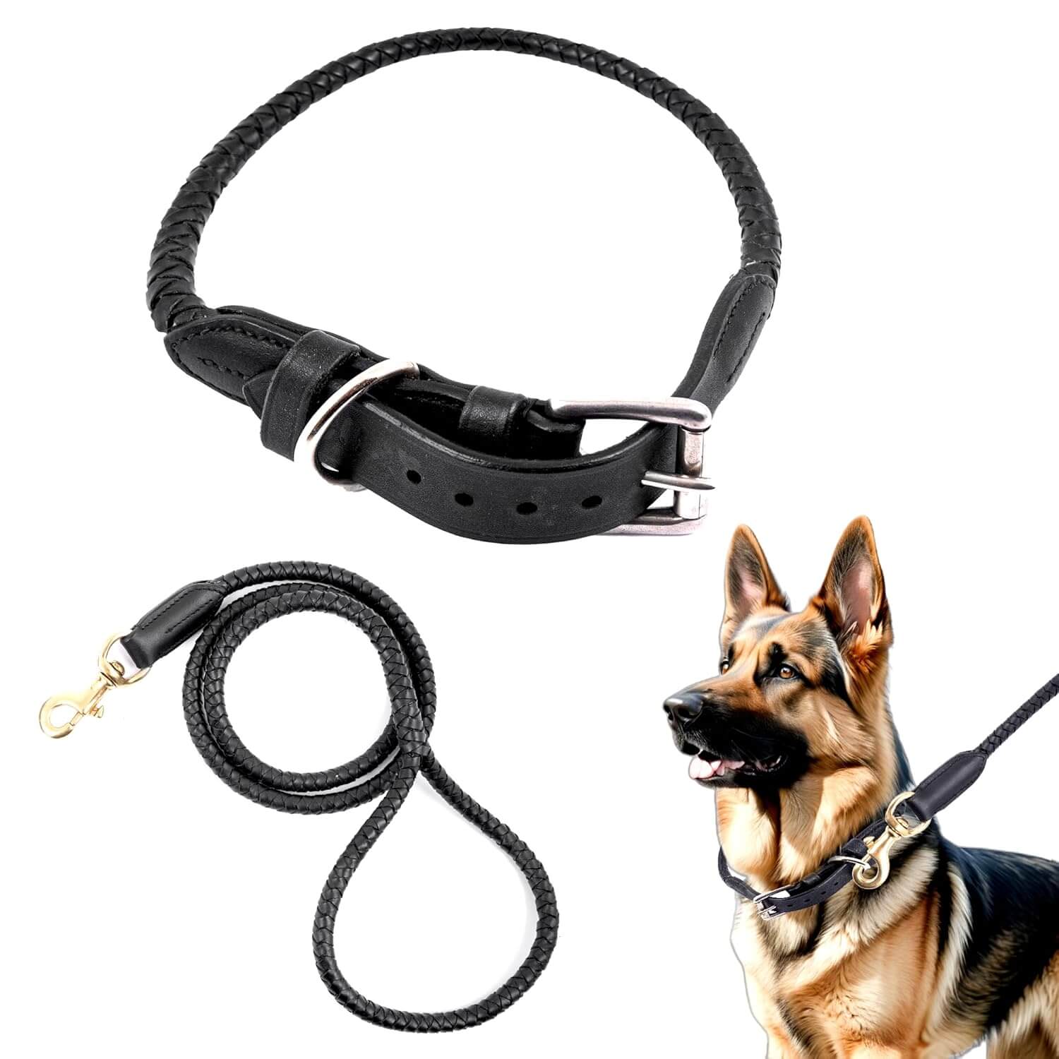 Braided Rolled Drum Dyed (DD) Leather Dog Collar & Leash