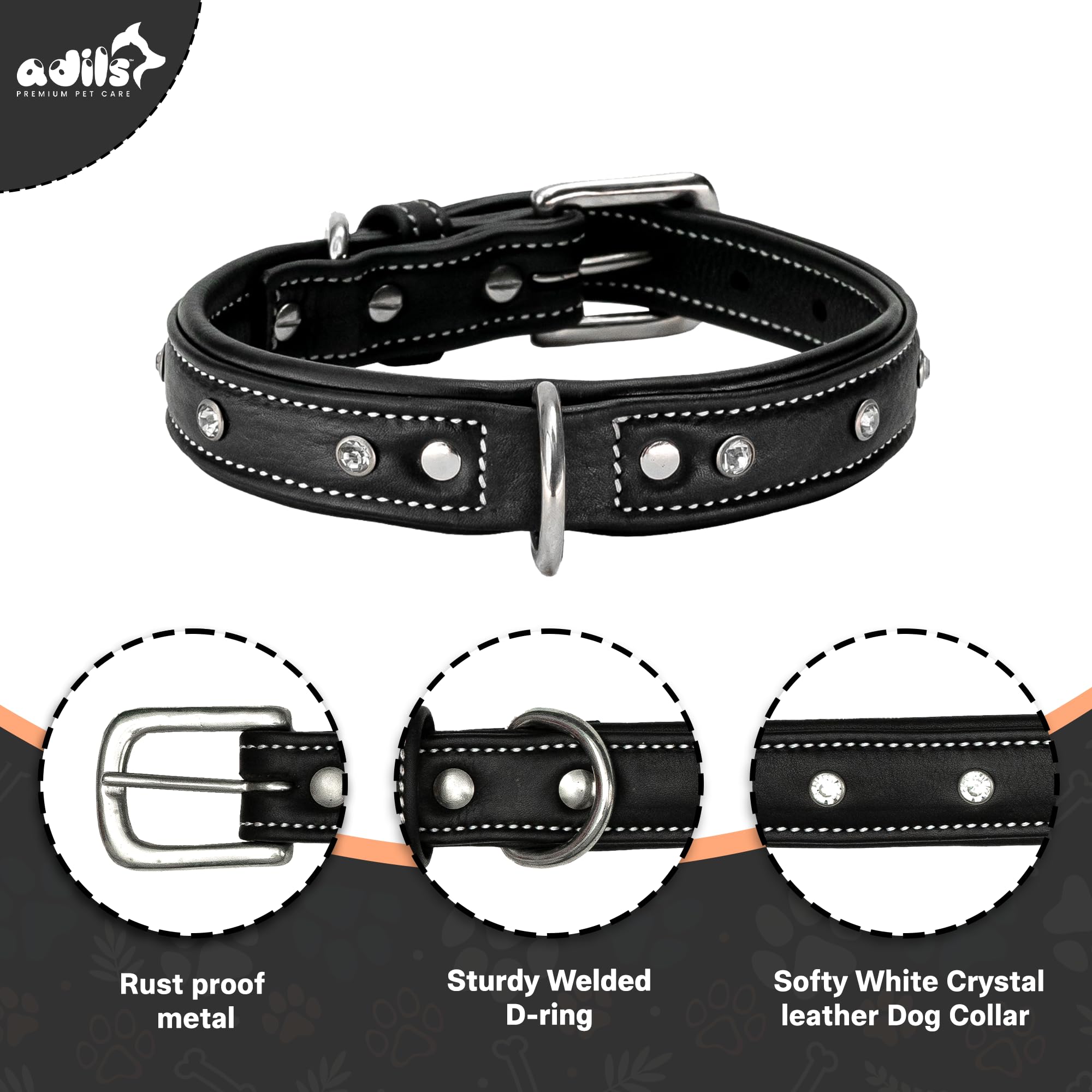 Adil’S Black Studded Softy Leather Dog Collar 1inch Width Suitable for Small, Medium & Large Dogs with Strong Metal Buckle & D-Ring for leashes, Size: S to XL, Brown (S, Black Stud)