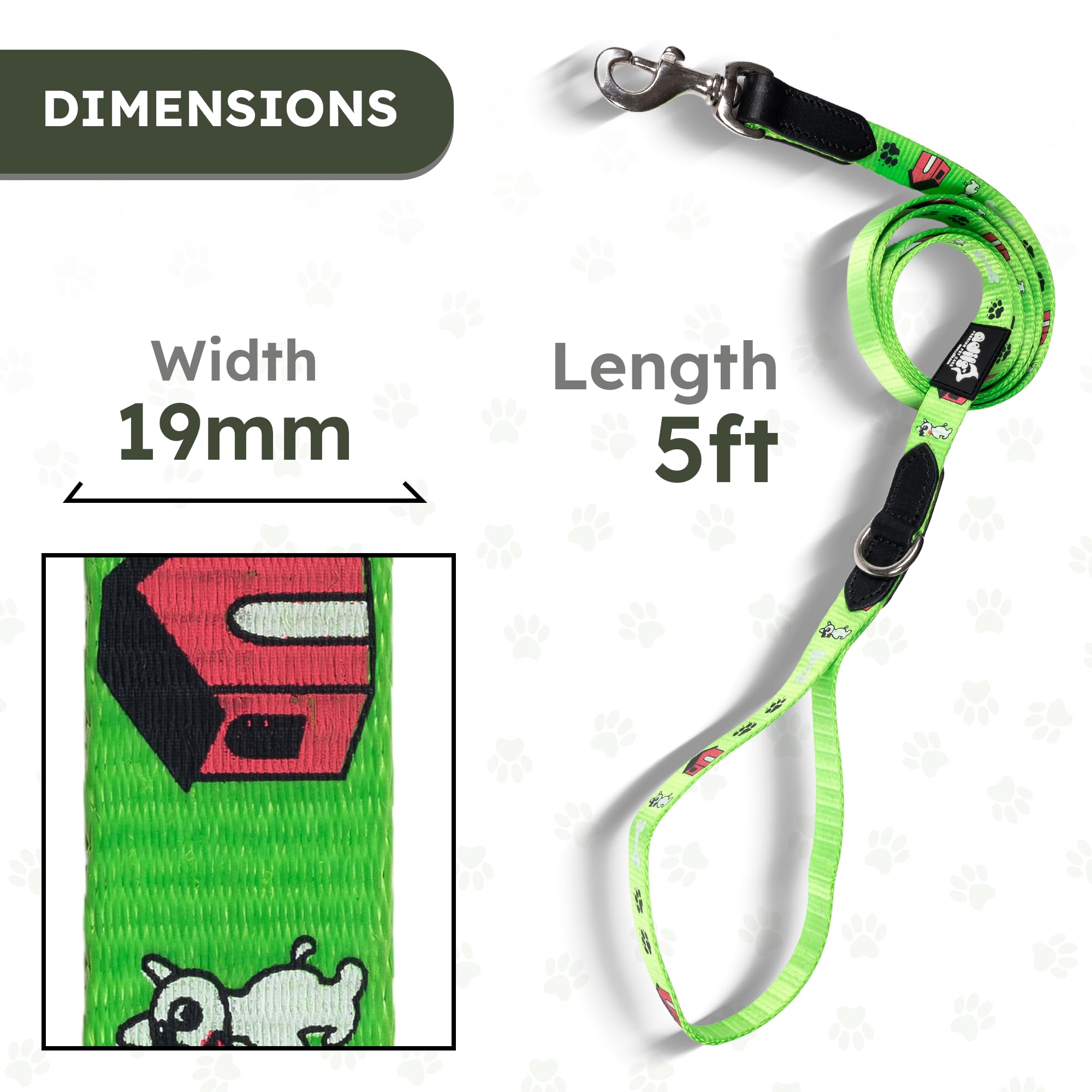 Adil’s Nylon Paw Print Dog Leash – 19mm Wide 5ft Long Durable Lead with 360° Swivel Hook Loop Handle Metal D-Ring Walking Training for Small Medium Pets