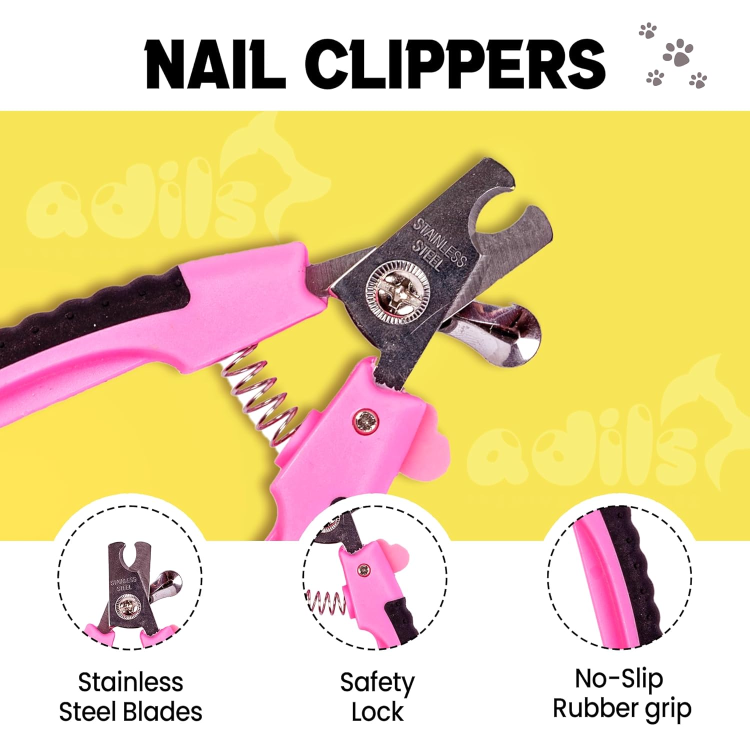Adil’s Dog Nail Clipper - Pet Nail Trimmer with Safety Guard - Nail Cutter for Dogs & Cats, Stainless Steel Blades, Non-Slip Rubber Handle Grooming Tool for Pets