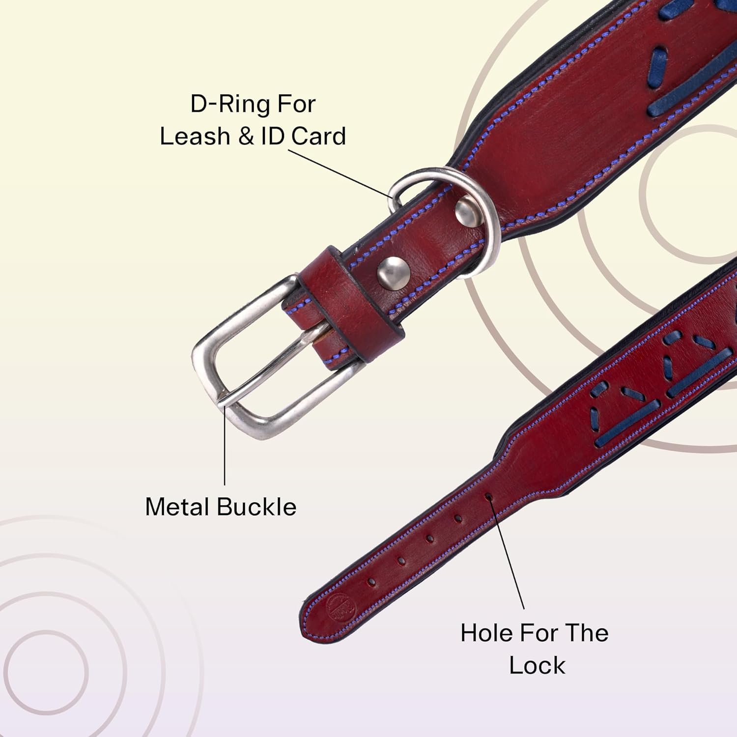 Adil's Leather Dog Collar with Metal Buckle & D-Ring - Red & Navy Blue Design