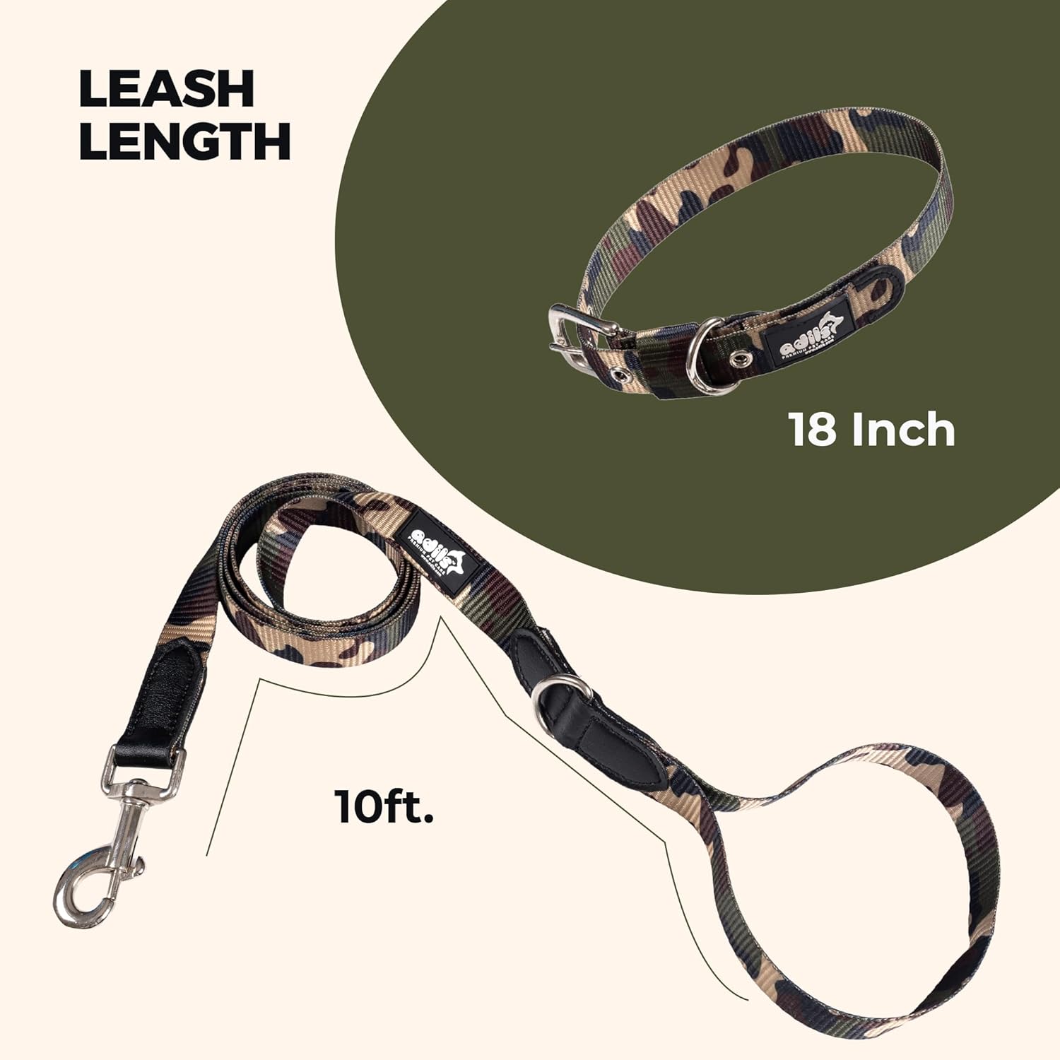 Adil’s Nylon Adjustable Dog Collar & 10ft Leash Combo Set in Army Print Durable Neckbelt with Metal Buckle D-Ring 360 Swivel Hook with Loop Handle for Small Medium Large Pet