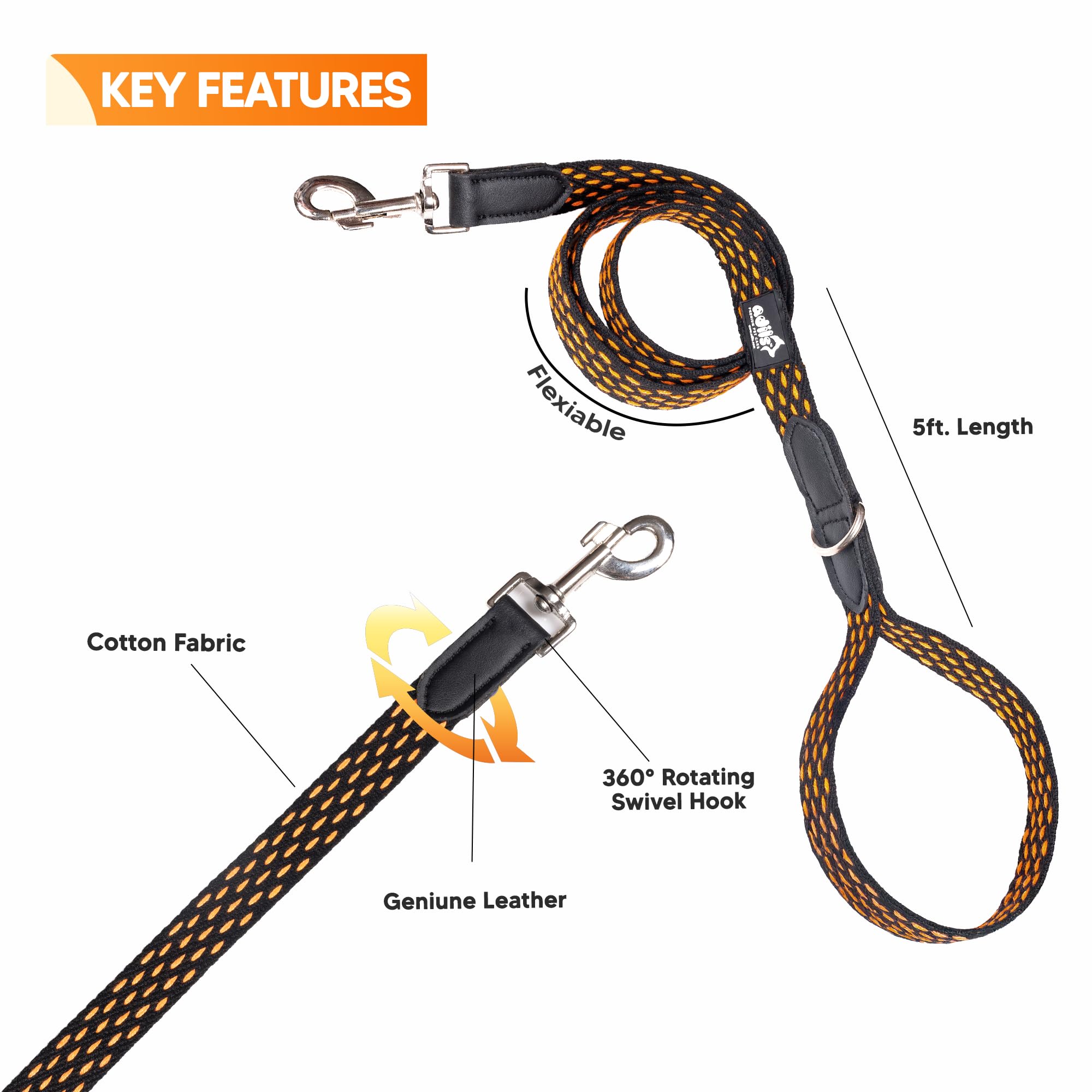 Adil’s 5ft Cotton Dotted Dog Leash with Leather Grip & 360° Swivel Hook – Durable, Comfy & Tangle-Free for All Dog Sizes