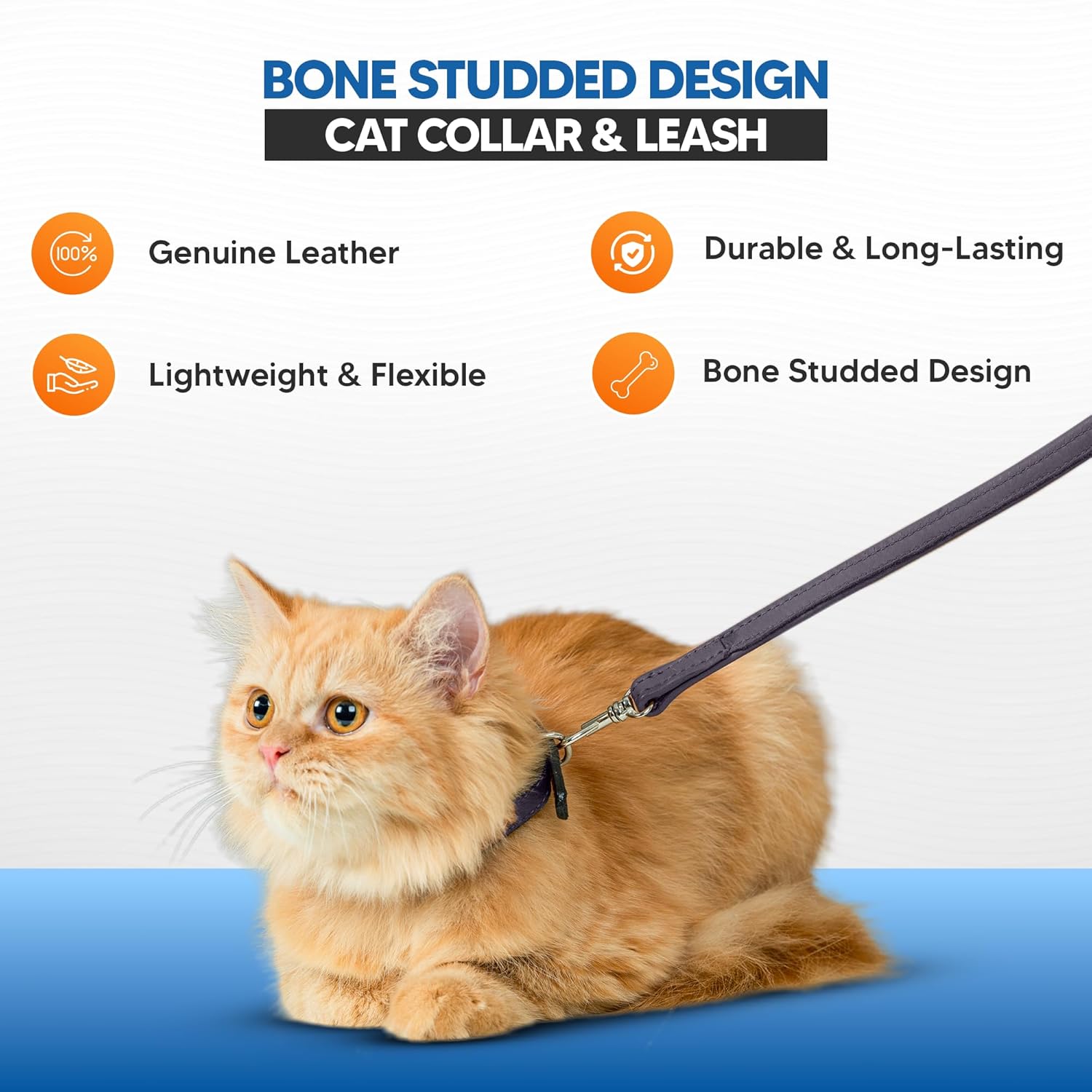 Adil’S Leather Cat Collar & Leash Set Combo - Stylish Single Bone Studded Design Collar, Genuine Leather, Adjustable Buckle & Secure 5ft Leash for Outdoor Activity (Brown)