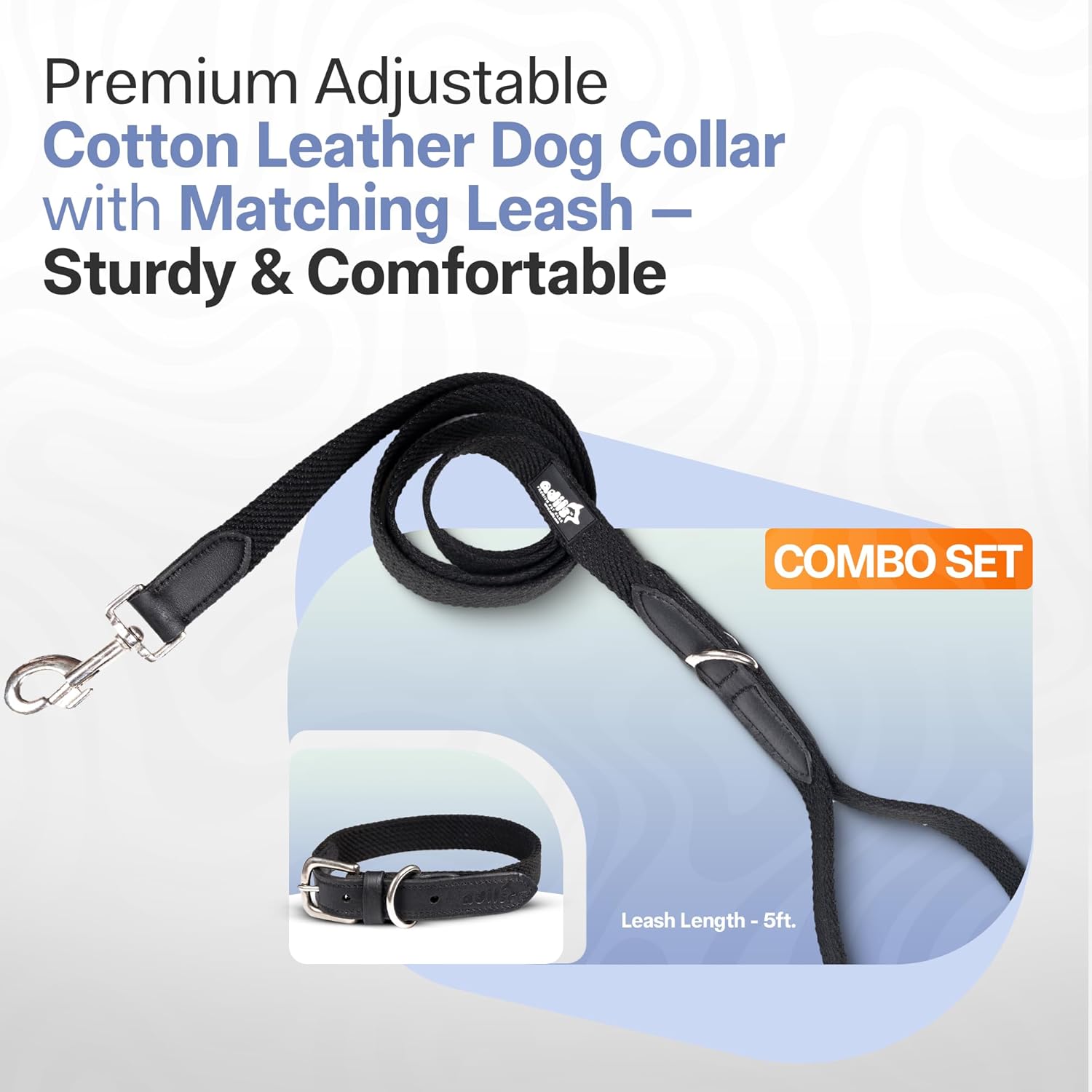 Adil’s Plain Cotton Adjustable Leather Neck Belt Dog Collar & 5FT Leash Combo Set | Durable Cotton-Leather with Metal Buckle for Small, Medium & Large Dogs (Black, M(16''-20''))