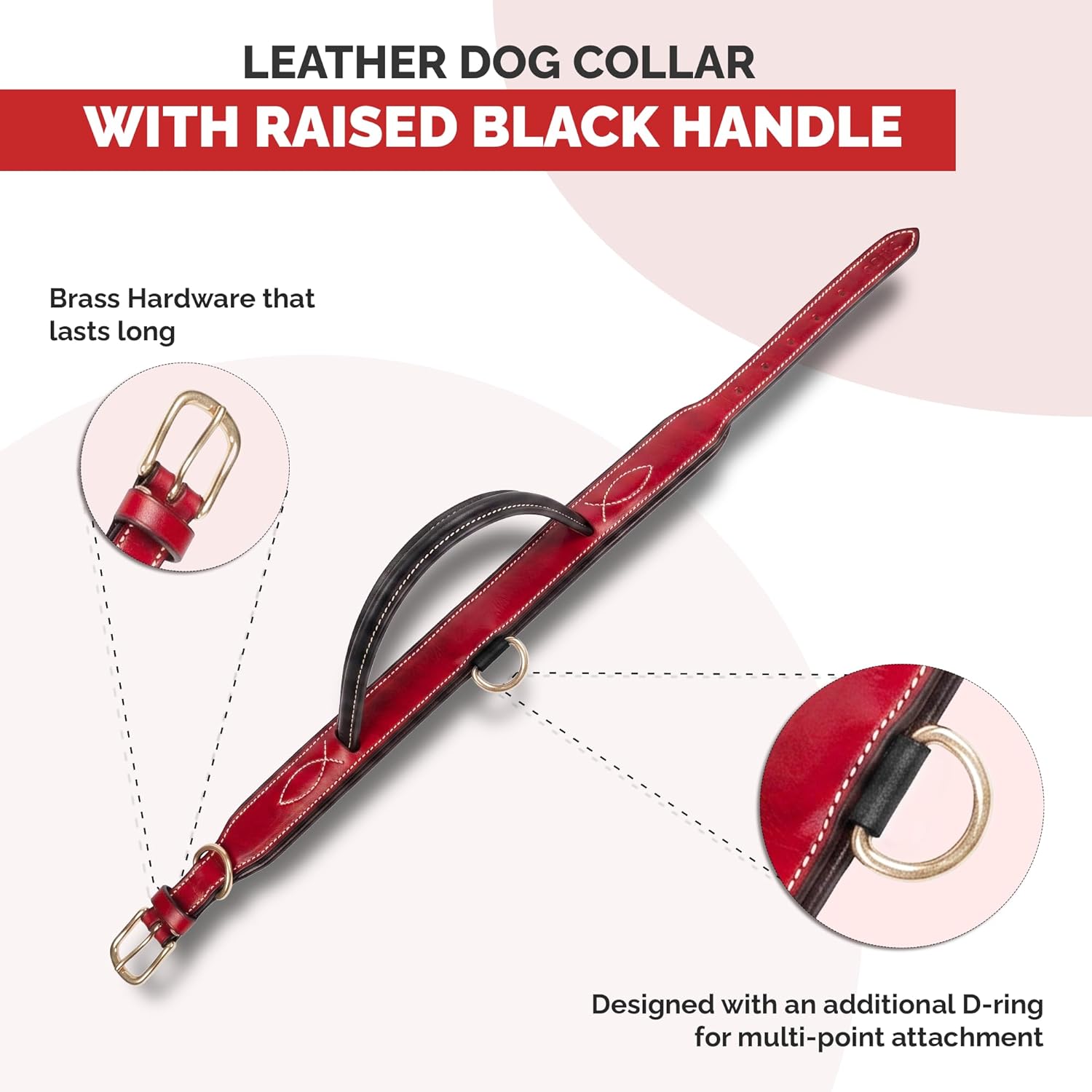 Adil's Softy Leather Dog Collar with Control Handle 1.5 inch Wide Built-in Quick Grab Leather Pull Strap, Heavy Duty Dual D-Ring Neckbelt for Medium & Large Dogs