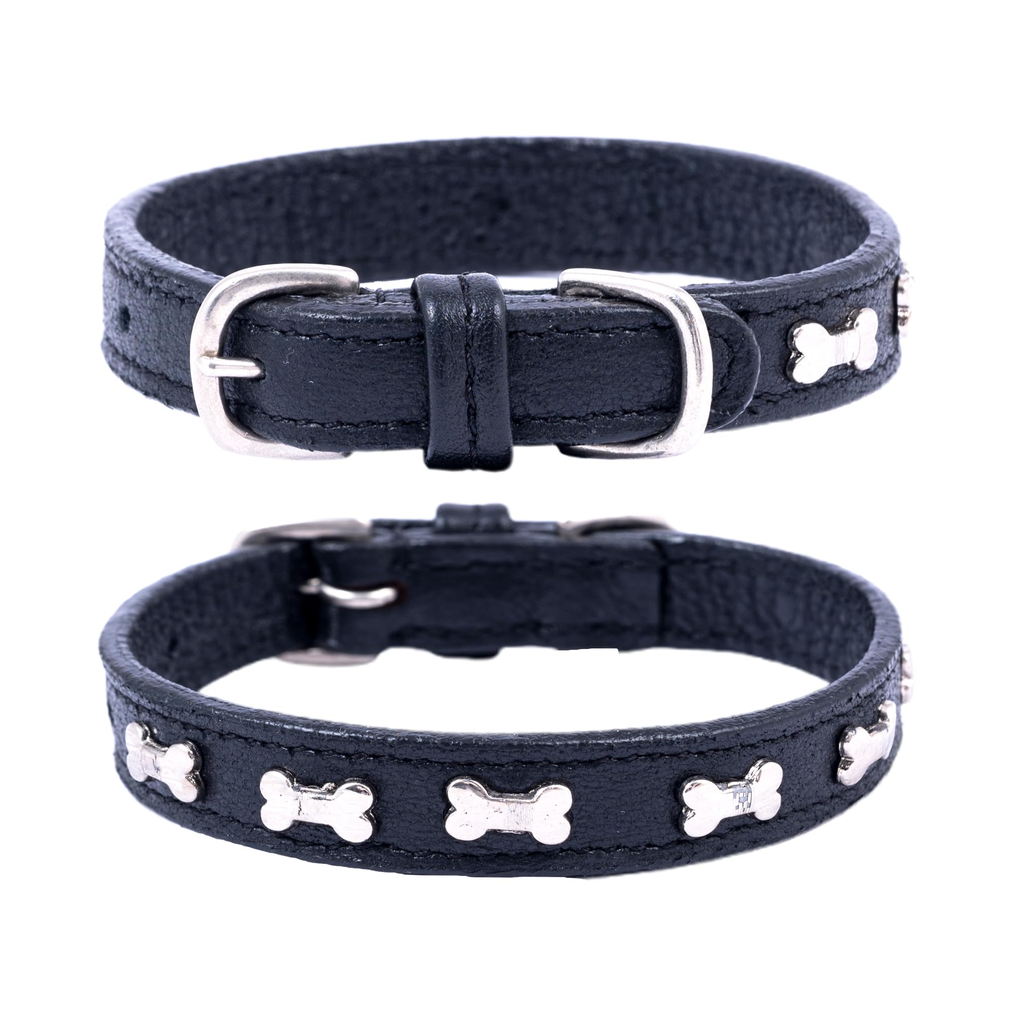 Adil’S Leather Cat Collar - Stylish Six Bone Studded Design, Breakaway Soft pet Collar, Adjustable Metal Buckle with Strong D-Ring for Leash attachments,Comfortable & Secure (Black)