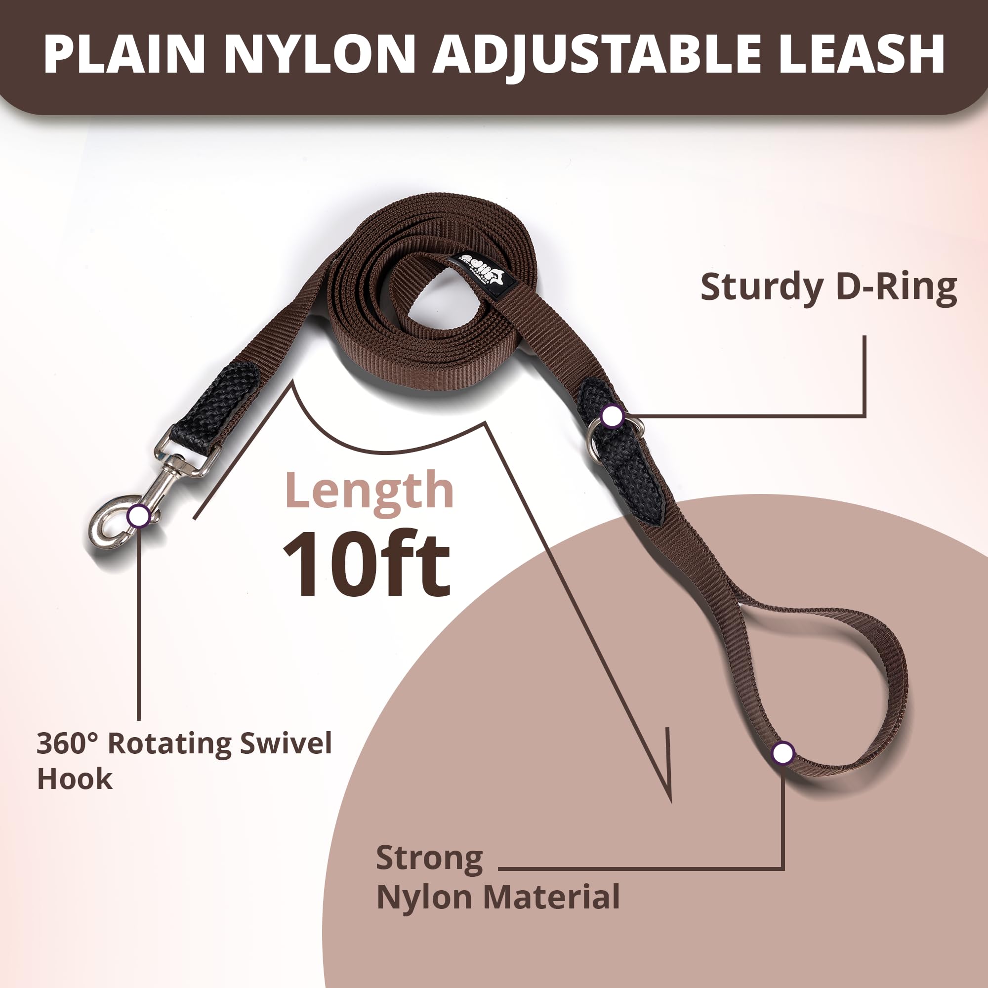 Adil’s 10FT Adjustable Dog Leash Features a Soft Leather Handle, Strong Nylon, and a 360° Swivel Hook—Durable, Comfy, and Ideal for Small to Large Dogs.