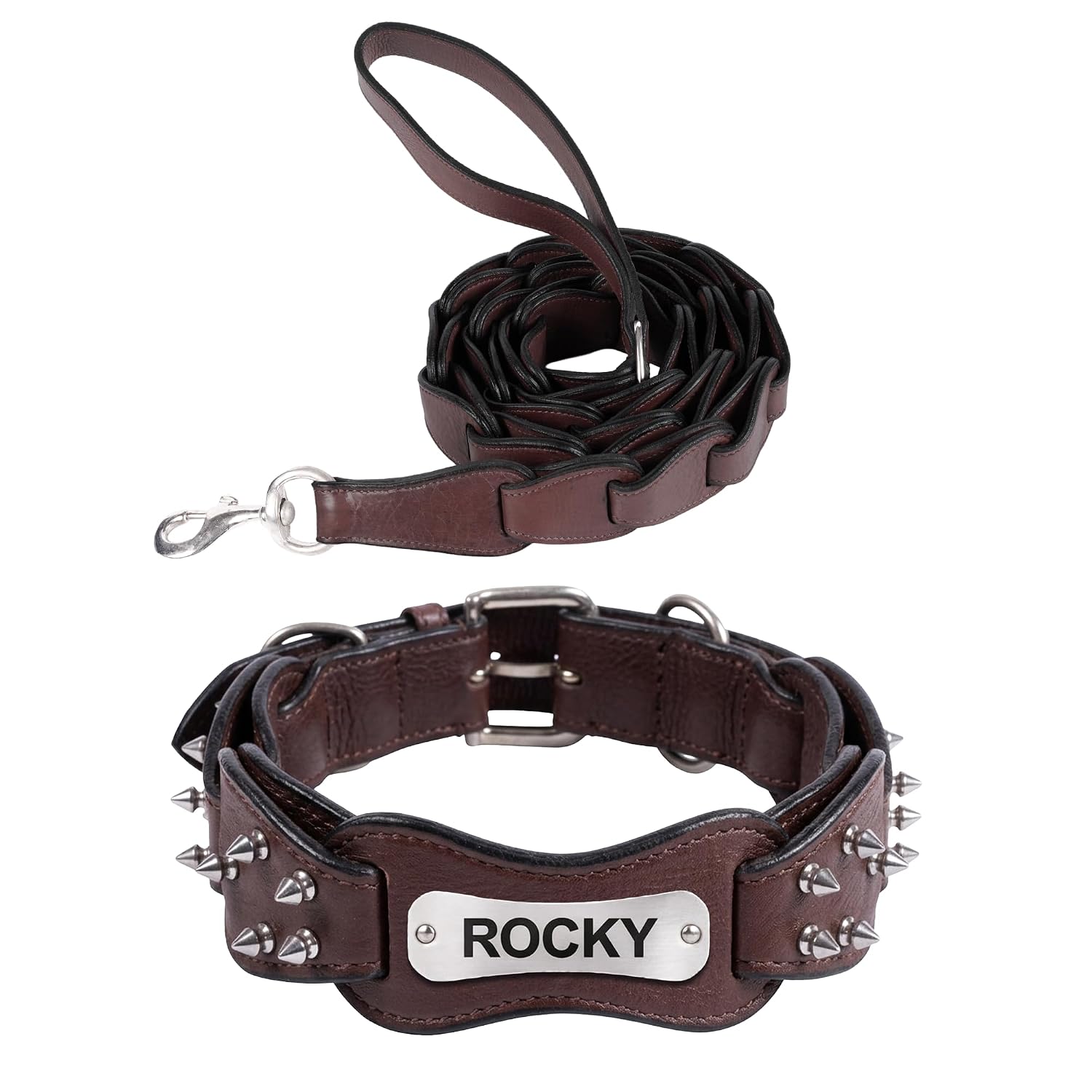 Adil’s Personalized Leather Loop Spike Dog Collar & Leash Combo Set 1.5" Wide Adjustable Neckbelt Metal Buckle D-Ring 5Ft Leather Heavy Duty Loop Cord with 360 Swivel Hook for Training Walking