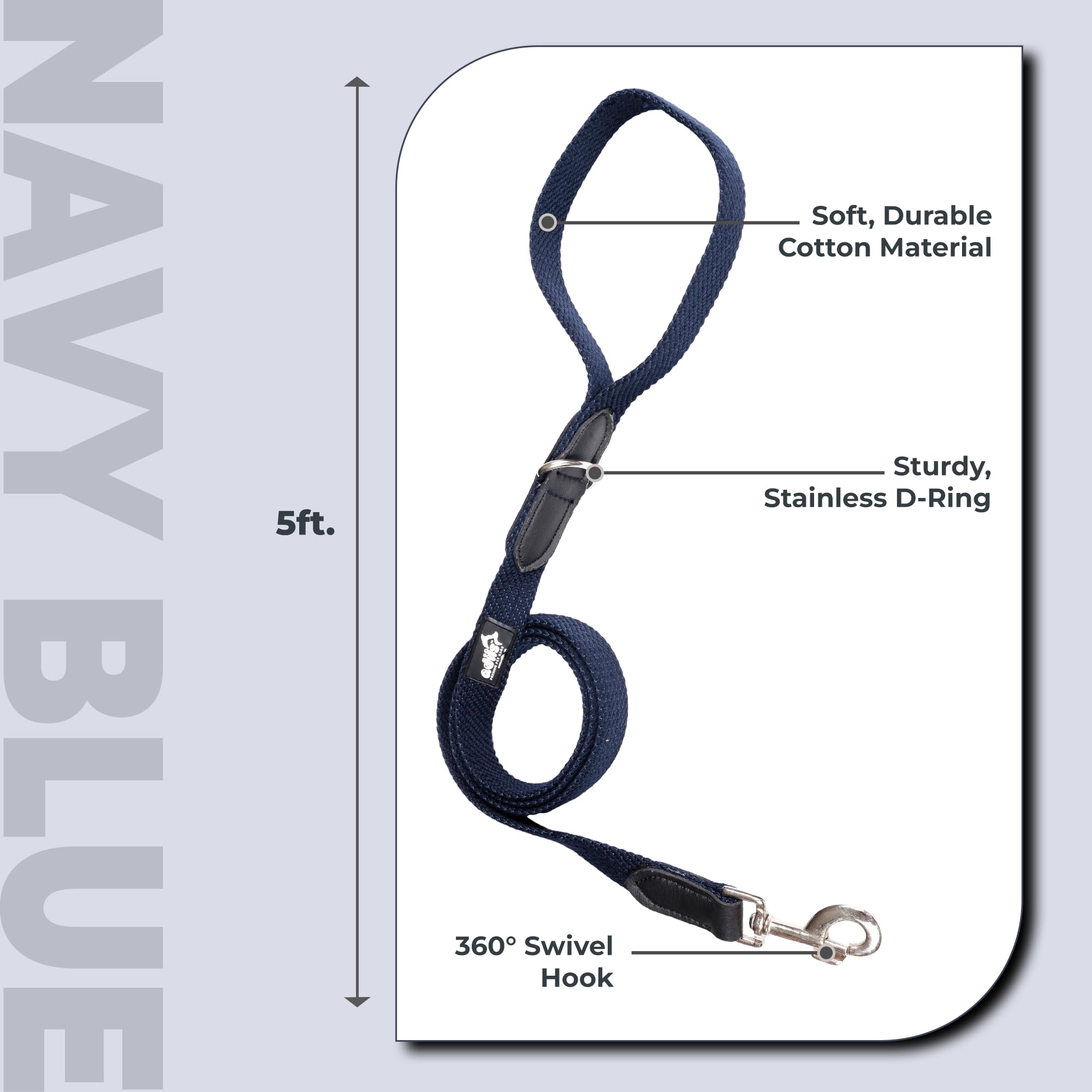 Adil’s 5FT Adjustable Cotton Dog Leash with Soft Leather Handle – Durable Long Lead with 360° Swivel Hook – Strong, Tangle-Free Leash for Walking & Training Small, Medium & Large Dogs