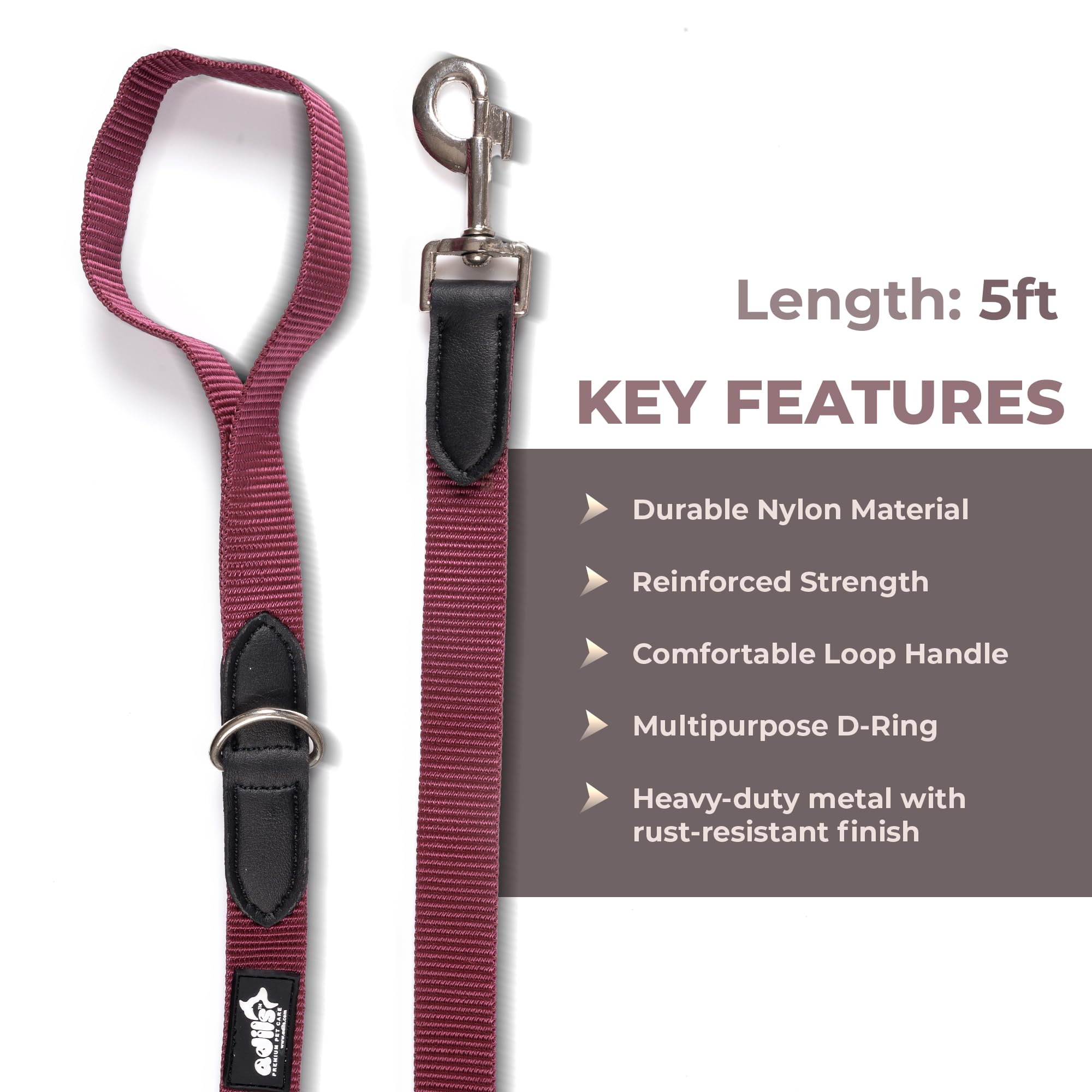 Adil’s 5FT Adjustable Nylon Dog Leash with Soft Leather Handle – Durable Long Lead with 360° Swivel Hook – Strong, Tangle-Free Leash for Walking & Training Small, Medium & Large Dogs