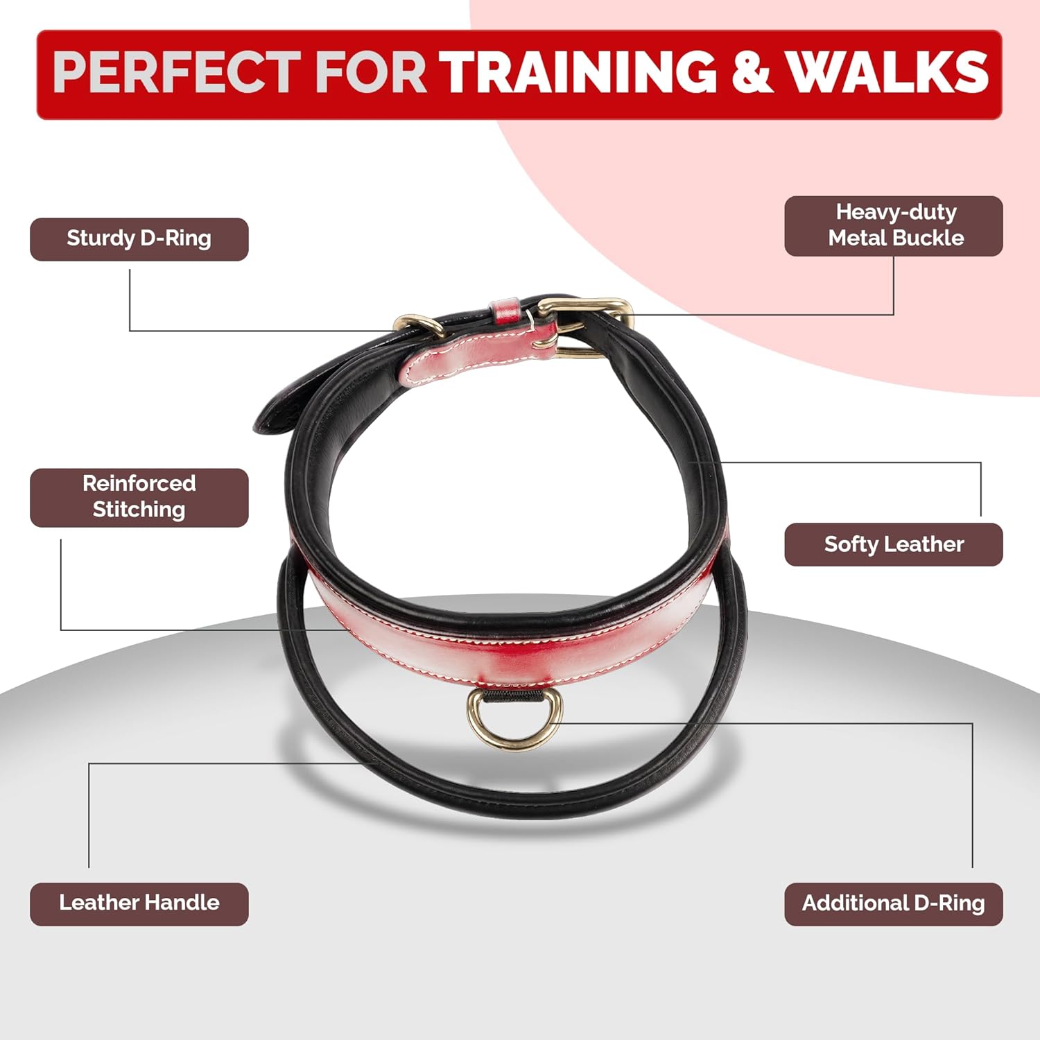 Adil's Softy Leather Dog Collar with Control Handle 1.5 inch Wide Built-in Quick Grab Leather Pull Strap, Heavy Duty Dual D-Ring Neckbelt for Medium & Large Dogs