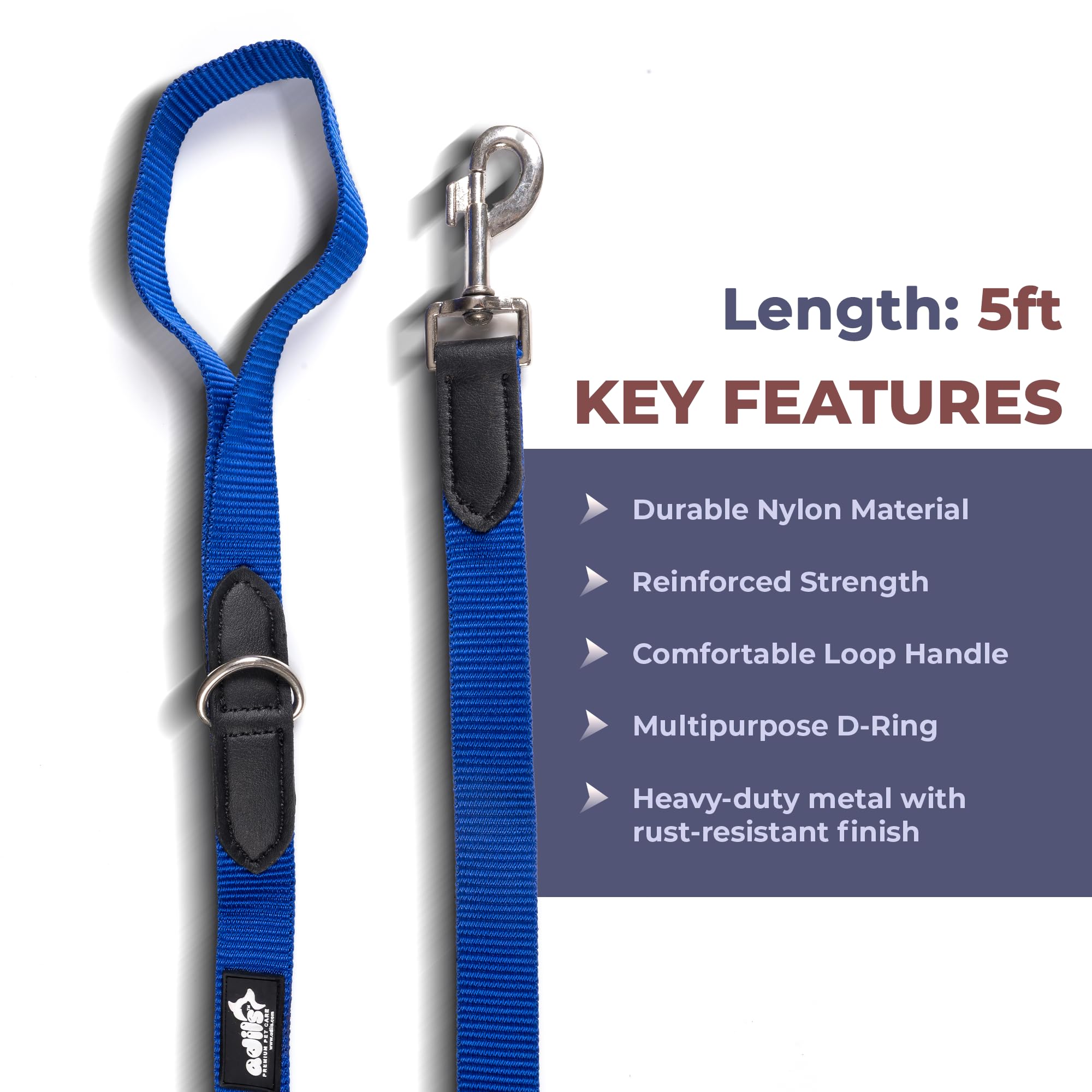 Adil’s 5FT Adjustable Nylon Dog Leash with Soft Leather Handle – Durable Long Lead with 360° Swivel Hook – Strong, Tangle-Free Leash for Walking & Training Small, Medium & Large Dogs