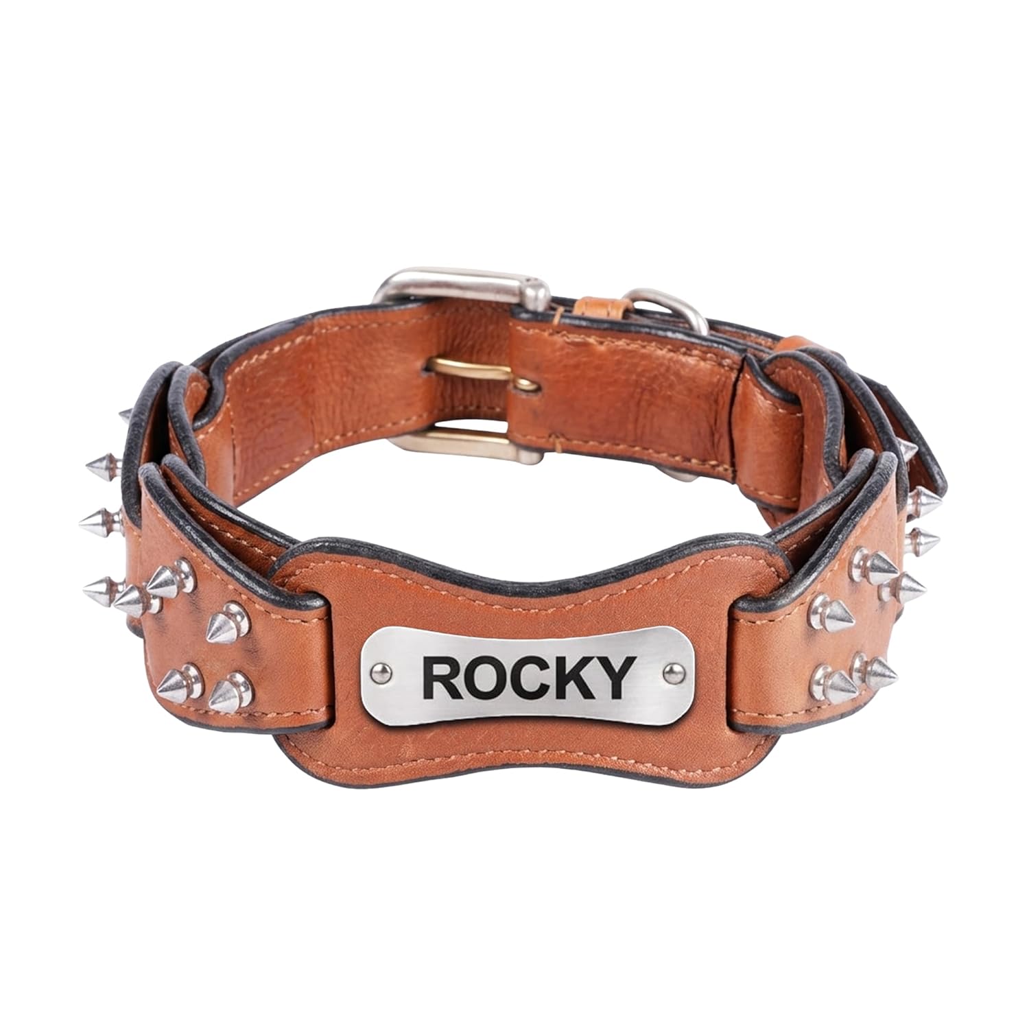 Adil's Personalized Softy Premium Leather Spiked Dog Collar – 1.5 Inch Wide Loop Design Heavy Duty Soft Padded Neckbelt, Sturdy Stainless Steel Buckle & D-Ring for Small, Medium & Large Pets