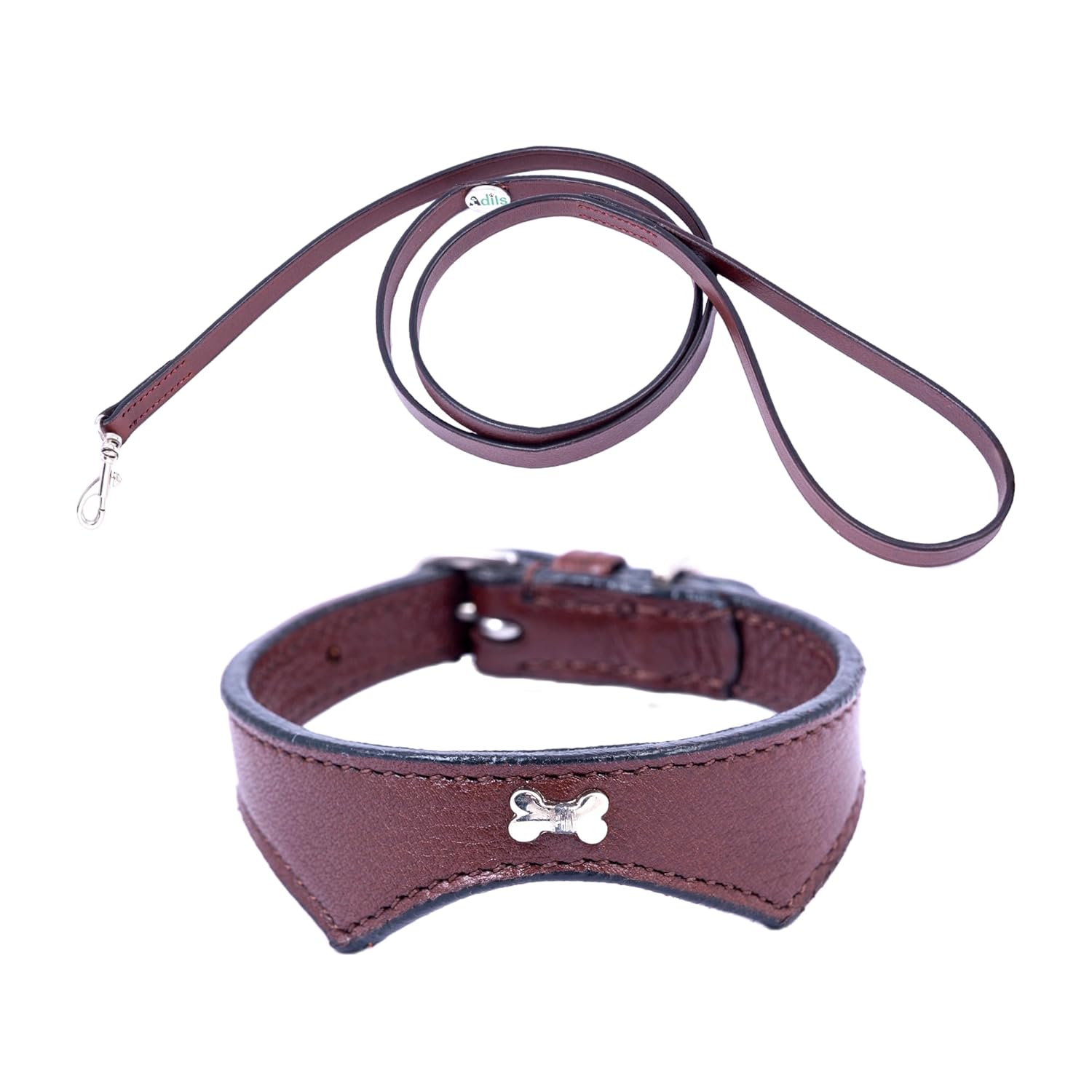Adil’S Leather Cat Collar & Leash Set Combo - Stylish Single Bone Studded Design Collar, Genuine Leather, Adjustable Buckle & Secure 5ft Leash for Outdoor Activity (Brown)
