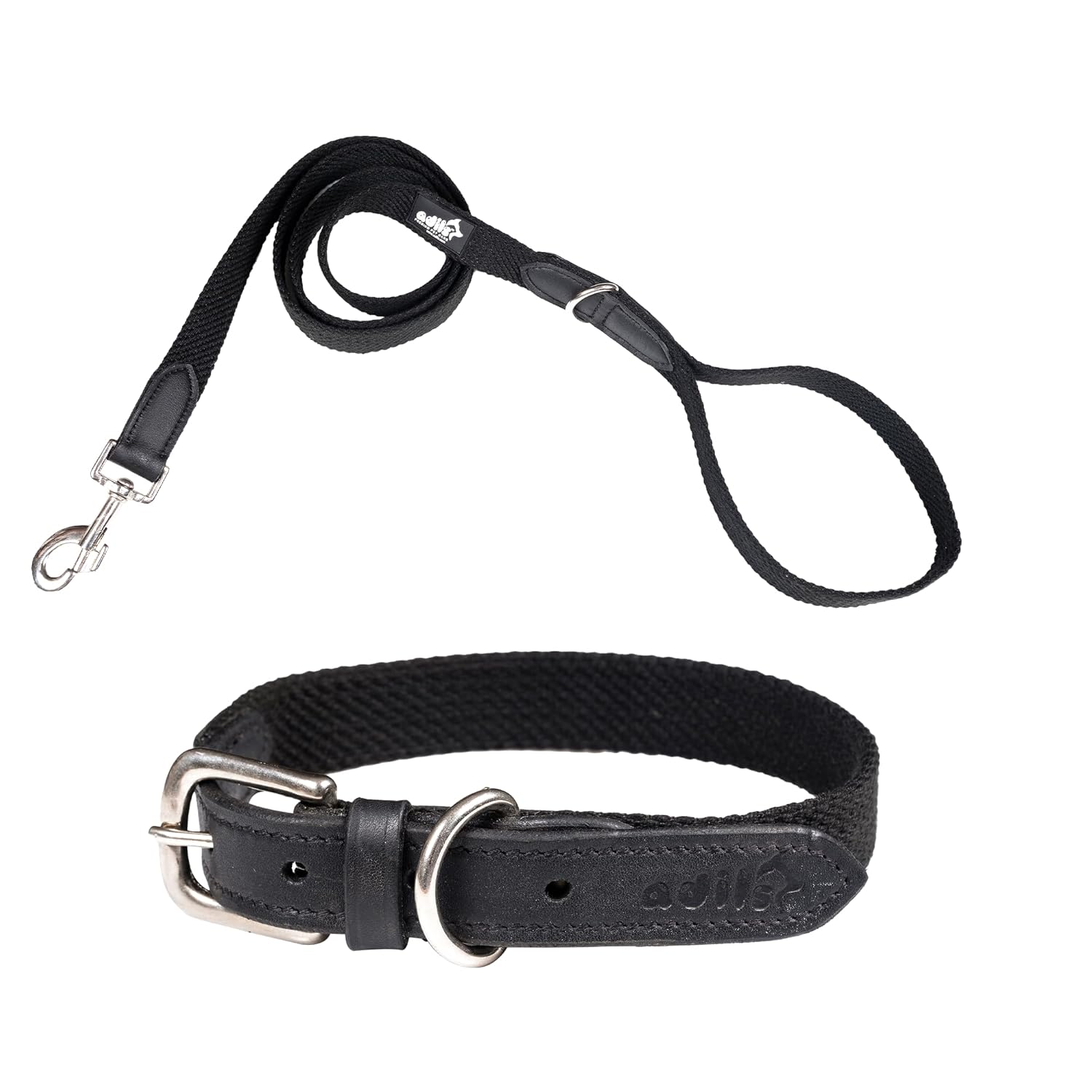 Adil’s Plain Cotton Adjustable Leather Neck Belt Dog Collar & 5FT Leash Combo Set | Durable Cotton-Leather with Metal Buckle for Small, Medium & Large Dogs (Black, M(16''-20''))