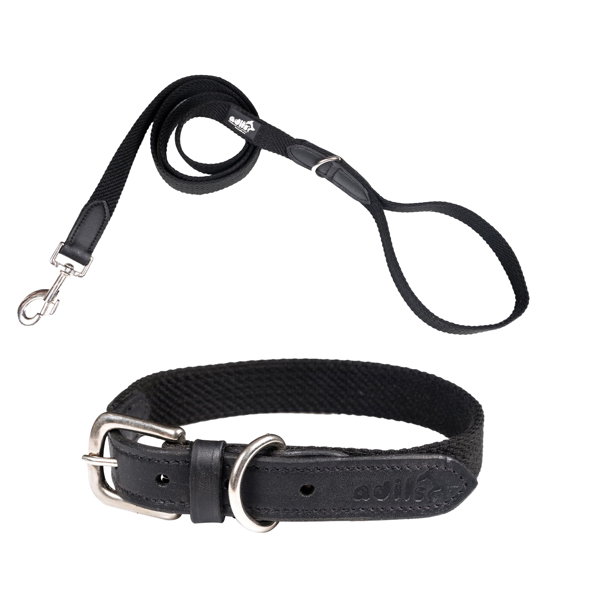 Adil’s Plain Cotton Adjustable Leather Neck Belt Dog Collar & 5FT Leash Combo Set | Durable Cotton-Leather with Metal Buckle for Small, Medium & Large Dogs (Black, M(16''-20''))