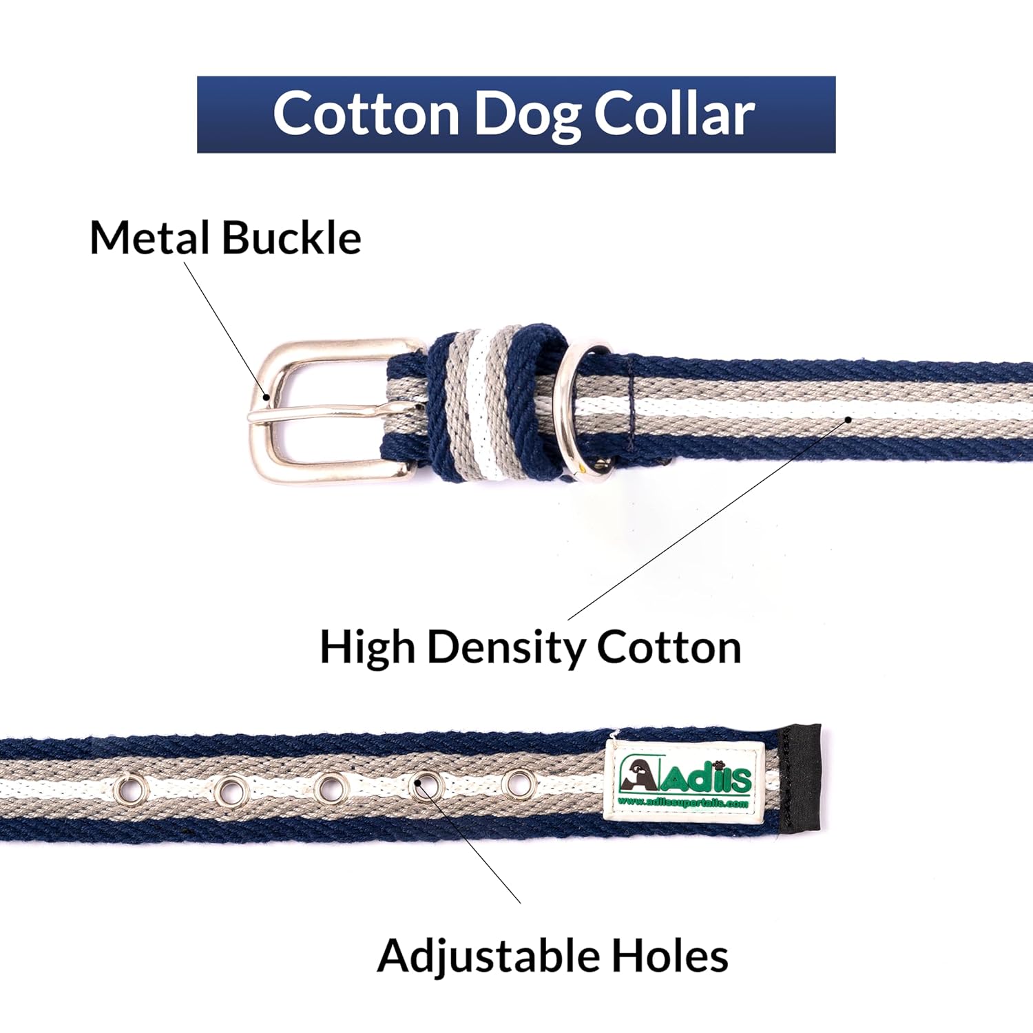 Adil’s Multi Color Cotton Dog Collar & Leash Combo Set | Durable High-Density Cotton with Metal Buckle, Adjustable Holes & 5 Ft Leash for Small, Medium & Large Dogs (Grey White Blue, XL)