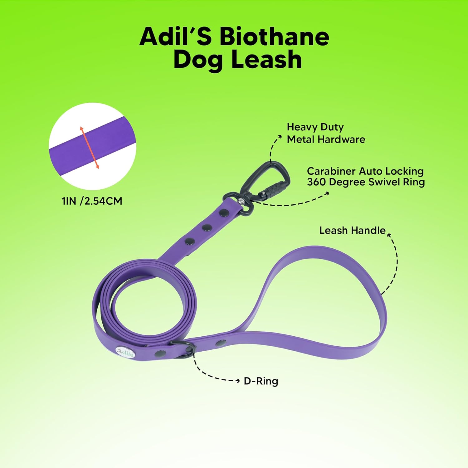 Adil’s Biothane Dog Leash - Waterproof Leashes for Dogs, Metal Hook, Adjustable 5ft Length Suitable for Dogs & Puppies, Ideal for Walking, Running & Training