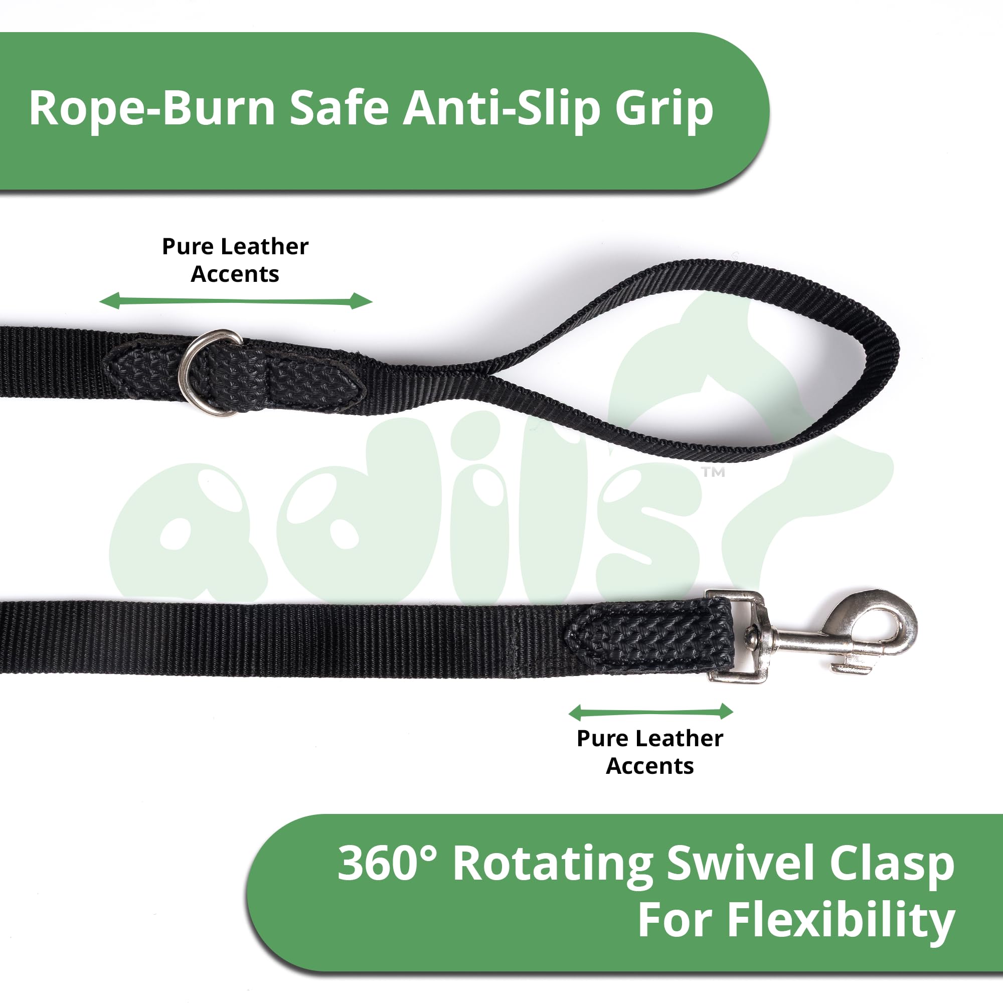 Adil’s 10FT Adjustable Dog Leash Features a Soft Leather Handle, Strong Nylon, and a 360° Swivel Hook—Durable, Comfy, and Ideal for Small to Large Dogs.