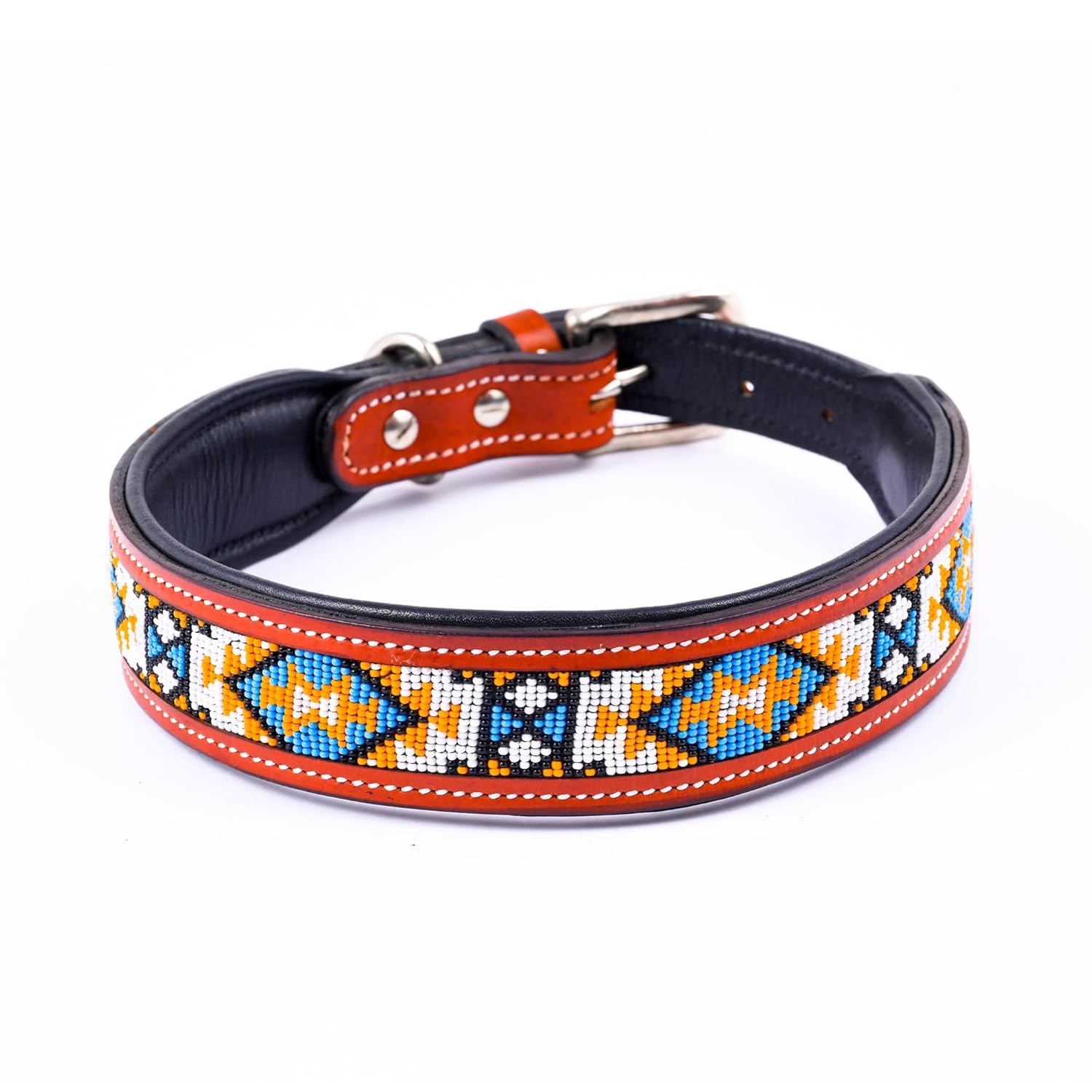 Adil’S Beaded Leather Dog Collar 1.5 Inch Width, for Small, Medium & Large Dogs, Hand Tooled Adjustable Beaded Dog Collars with Strong Metal Buckle & D-Ring