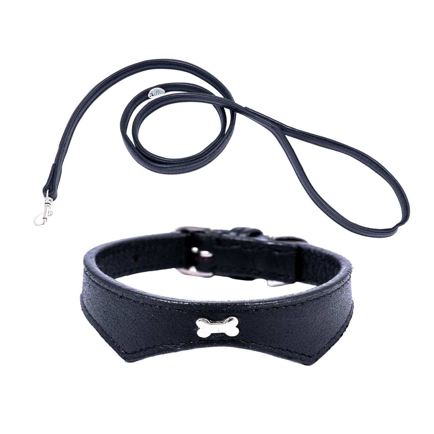 Adil’S Leather Cat Collar & Leash Set Combo - Stylish Single Bone Studded Design Collar, Genuine Leather, Adjustable Buckle & Secure 5ft Leash for Outdoor Activity (Brown)