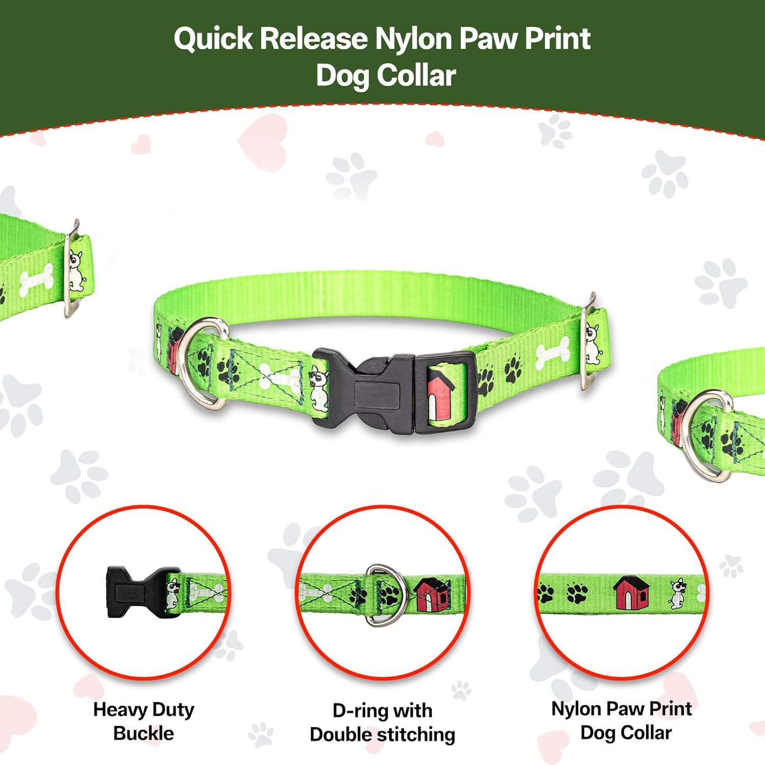 Adil’S Nylon Paw Print Dog Collar with Adjustable Quick Release Buckle & D-Ring for Leashes, 0.75in Width, Suitable for Small to Large Dogs, Size: XS, Green