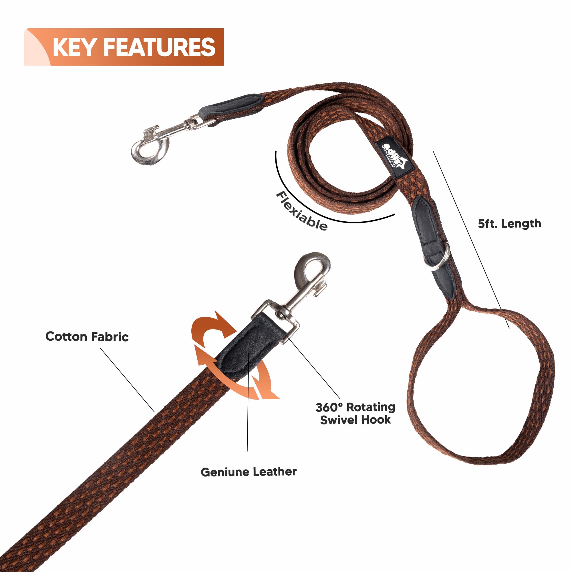 Adil’s 5ft Cotton Dotted Dog Leash with Leather Grip & 360° Swivel Hook – Durable, Comfy & Tangle-Free for All Dog Sizes