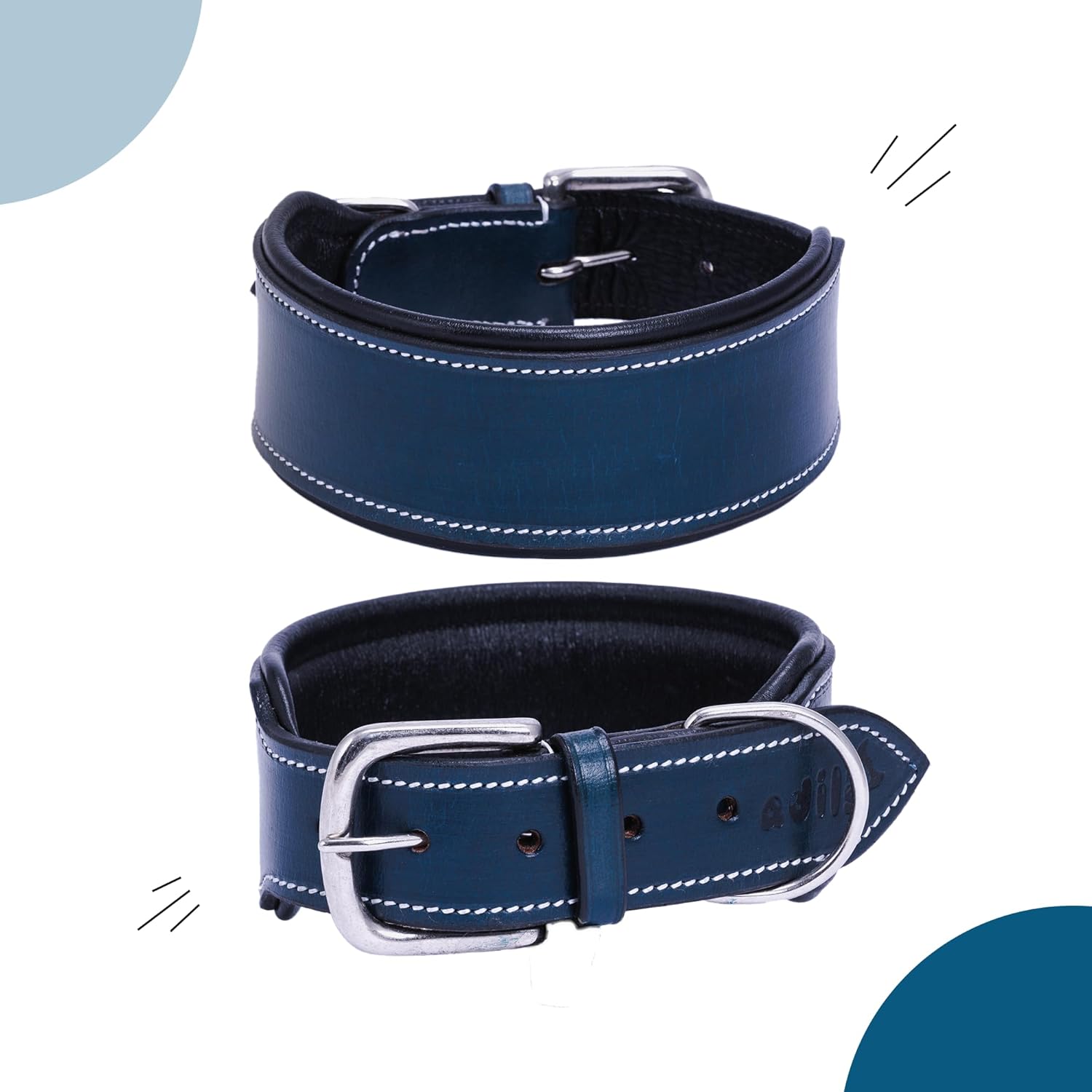 Adil’S Colour Padding Leather Dog Collar 2.25 Inches Width, Heavy Duty, Adjustable Leather Handmade Dog Collar with Strong Metal Buckle, Neck Size: 16” to 26” (Black, M)