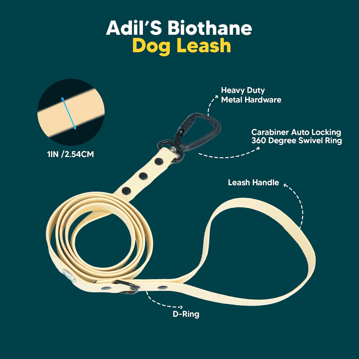 Adil’s Biothane Dog Leash - Waterproof Leashes for Dogs, Metal Hook, Adjustable 5ft Length Suitable for Dogs & Puppies, Ideal for Walking, Running & Training