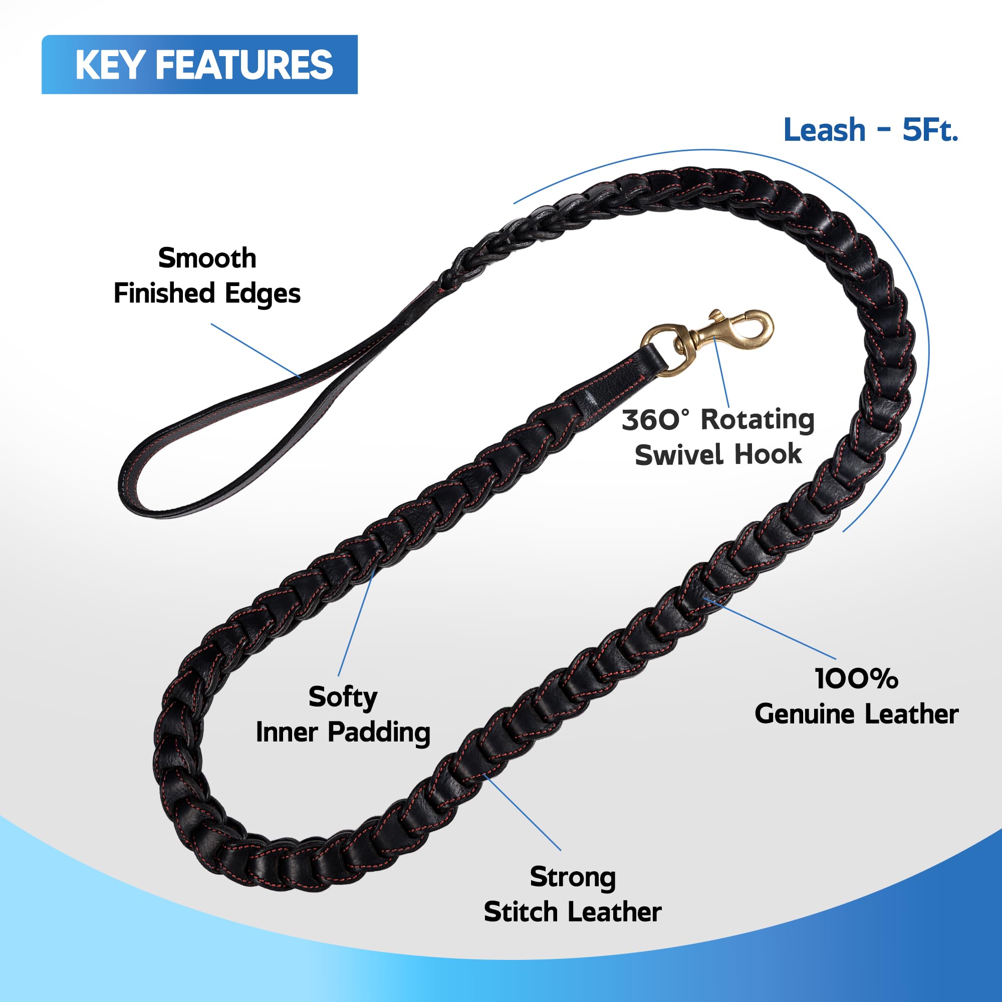 Adil’s Genuine Leather Loop Dog Leash – Heavy-Duty 5ft Leather Leash with Soft Inner Padding Strong Stitch Finish & 360° Rotating Swivel Hook for Safe Comfortable Control for Small Medium & Large Dogs