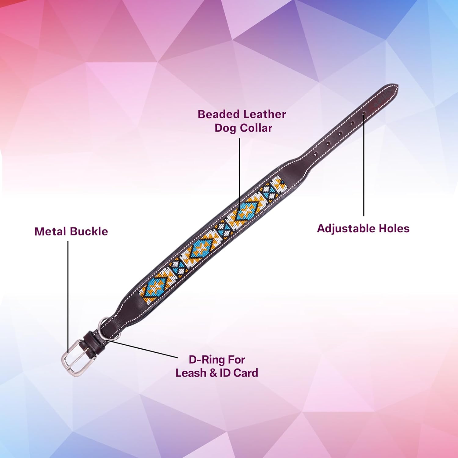 Adil’S Beaded Leather Dog Collar 1.5 Inch Width, for Small, Medium & Large Dogs, Hand Tooled Adjustable Beaded Dog Collars with Strong Metal Buckle & D-Ring