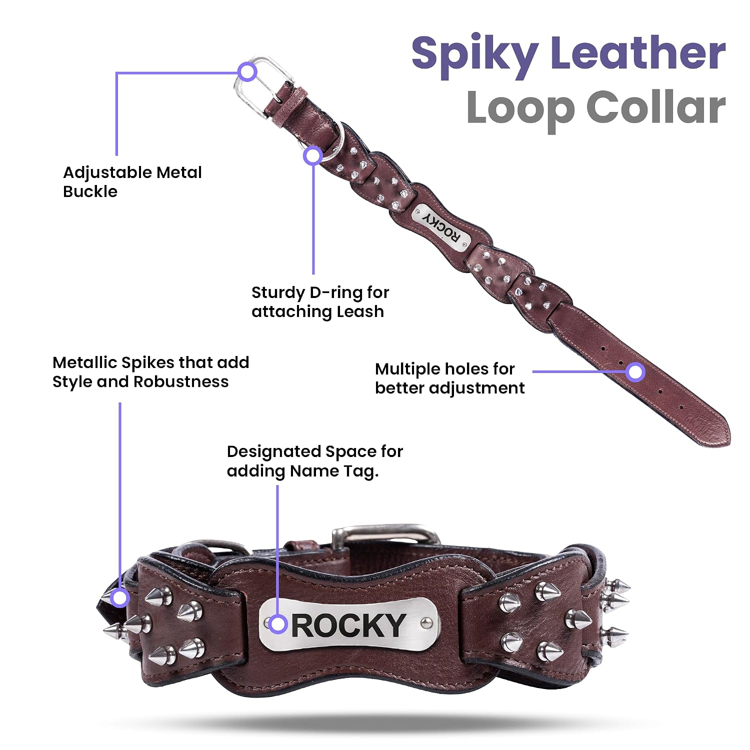 Adil’s Personalized Leather Loop Spike Dog Collar & Leash Combo Set 1.5" Wide Adjustable Neckbelt Metal Buckle D-Ring 5Ft Leather Heavy Duty Loop Cord with 360 Swivel Hook for Training Walking