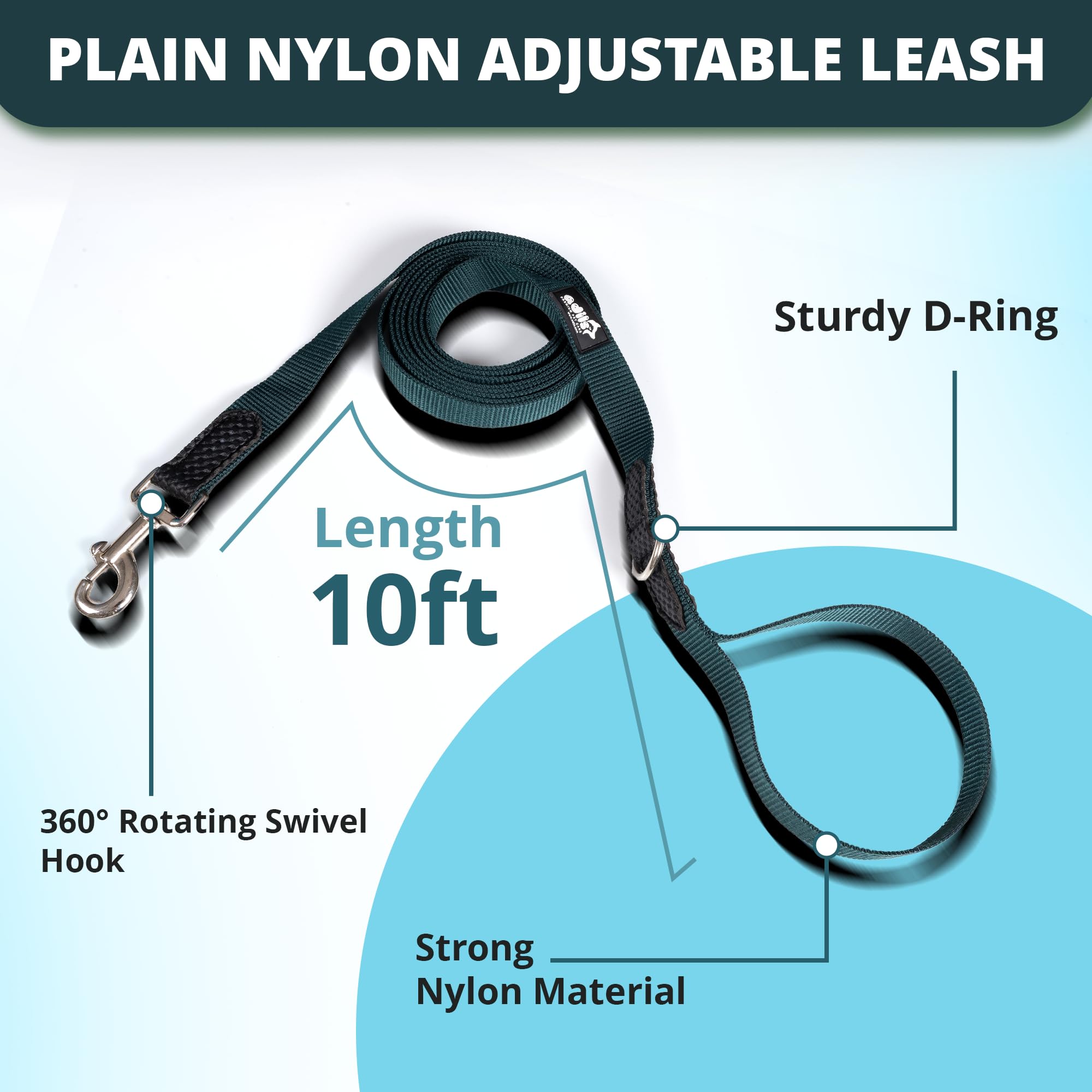 Adil’s 10FT Adjustable Dog Leash Features a Soft Leather Handle, Strong Nylon, and a 360° Swivel Hook—Durable, Comfy, and Ideal for Small to Large Dogs.