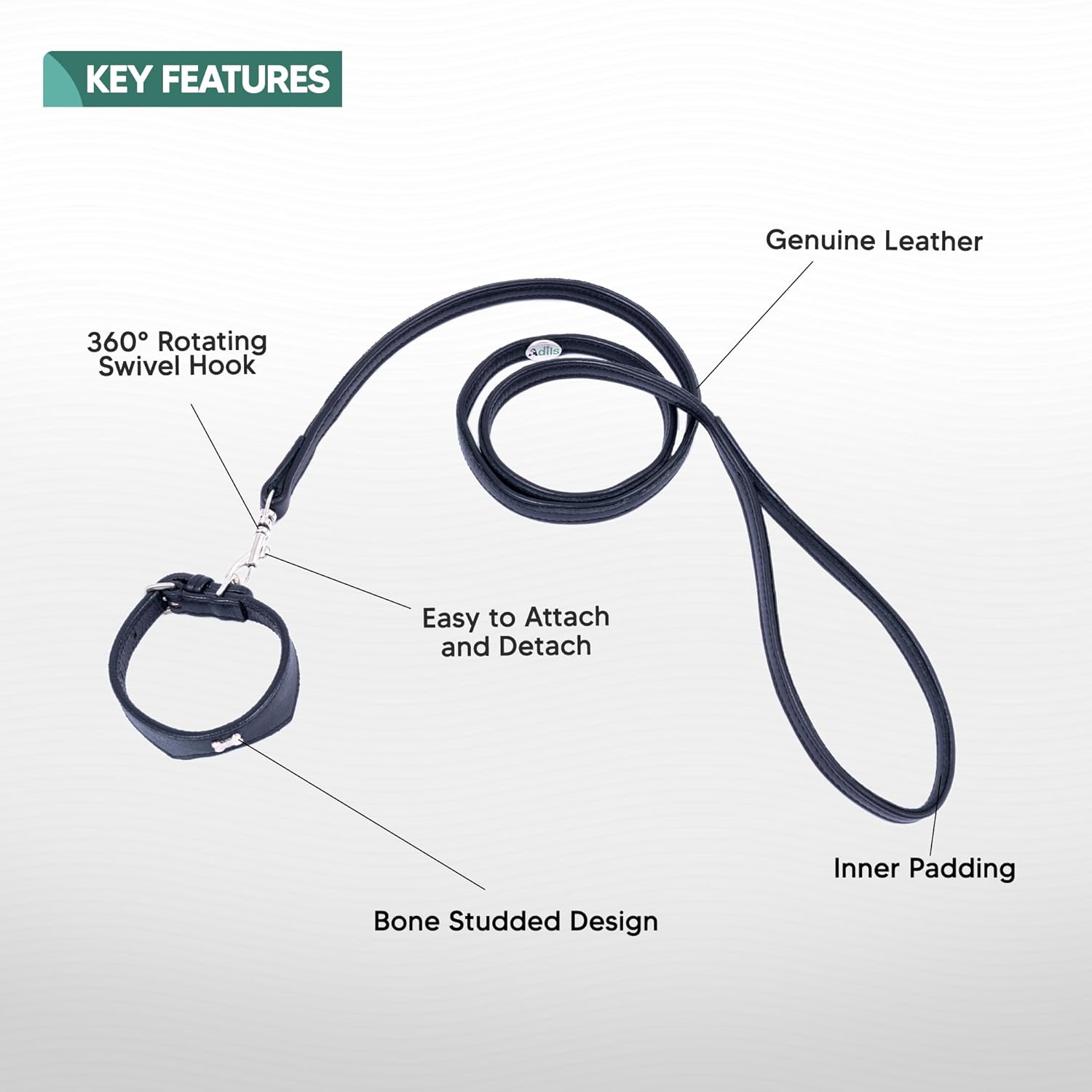 Adil’S Leather Cat Collar & Leash Set Combo - Stylish Single Bone Studded Design Collar, Genuine Leather, Adjustable Buckle & Secure 5ft Leash for Outdoor Activity (Brown)