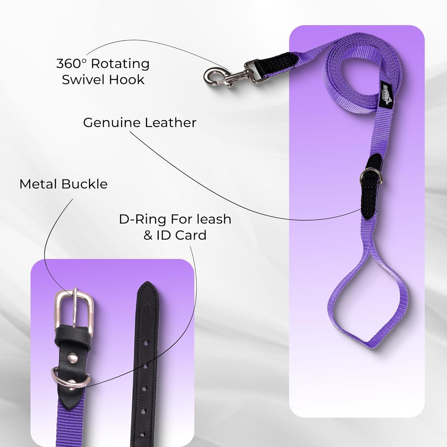 Adil’s Adjustable Plain Nylon with Leather Dog Collar & Leash Combo – Reinforced with Metal Buckle, 360° Swivel Hook, D-Ring & 10ft Leash for Small, Medium & Large Dogs (Purple, Small)