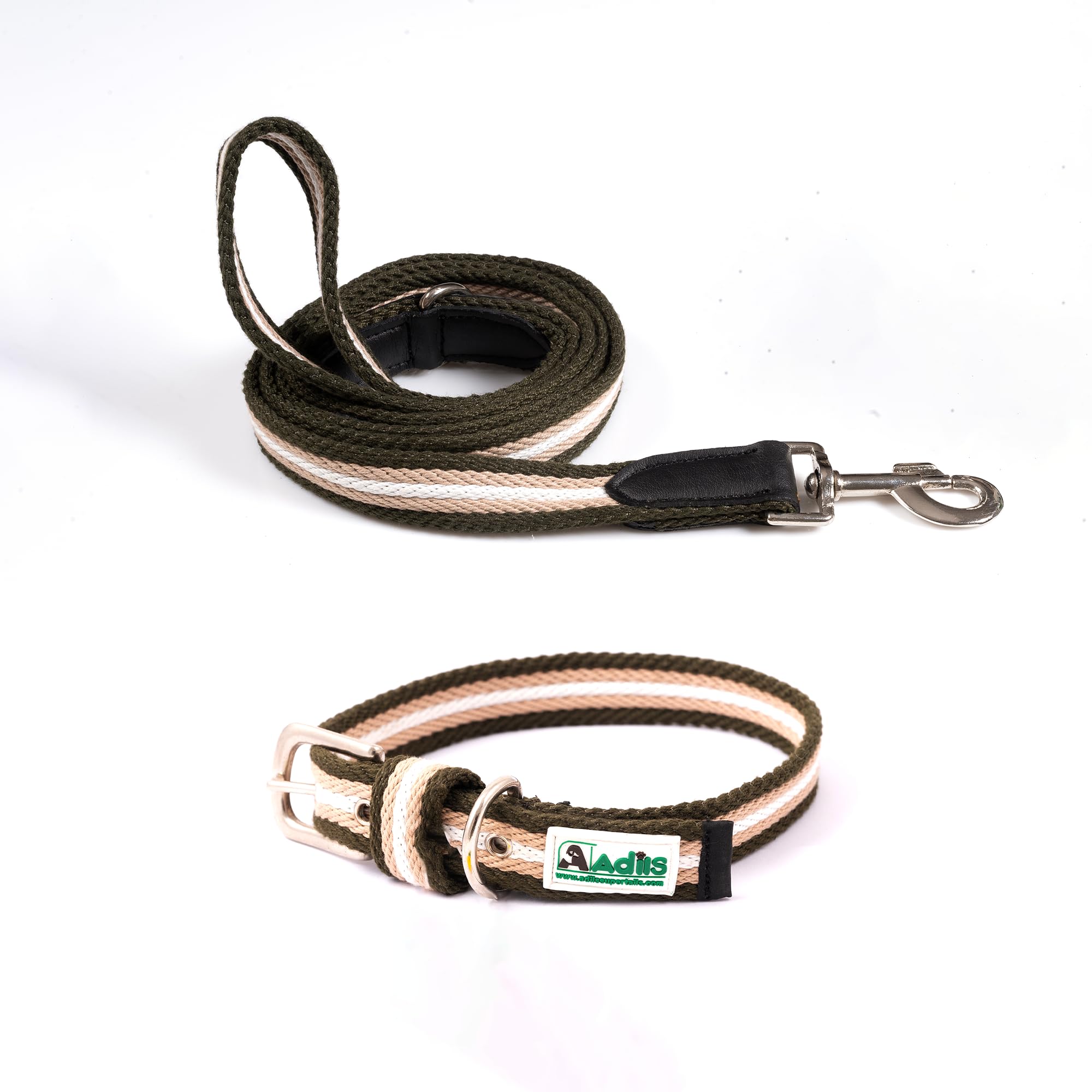 Adil’s Multi Color Cotton Dog Collar & Leash Combo Set | Durable High-Density Cotton with Metal Buckle, Adjustable Holes & 5 Ft Leash for Small, Medium & Large Dogs (Grey White Blue, XL)