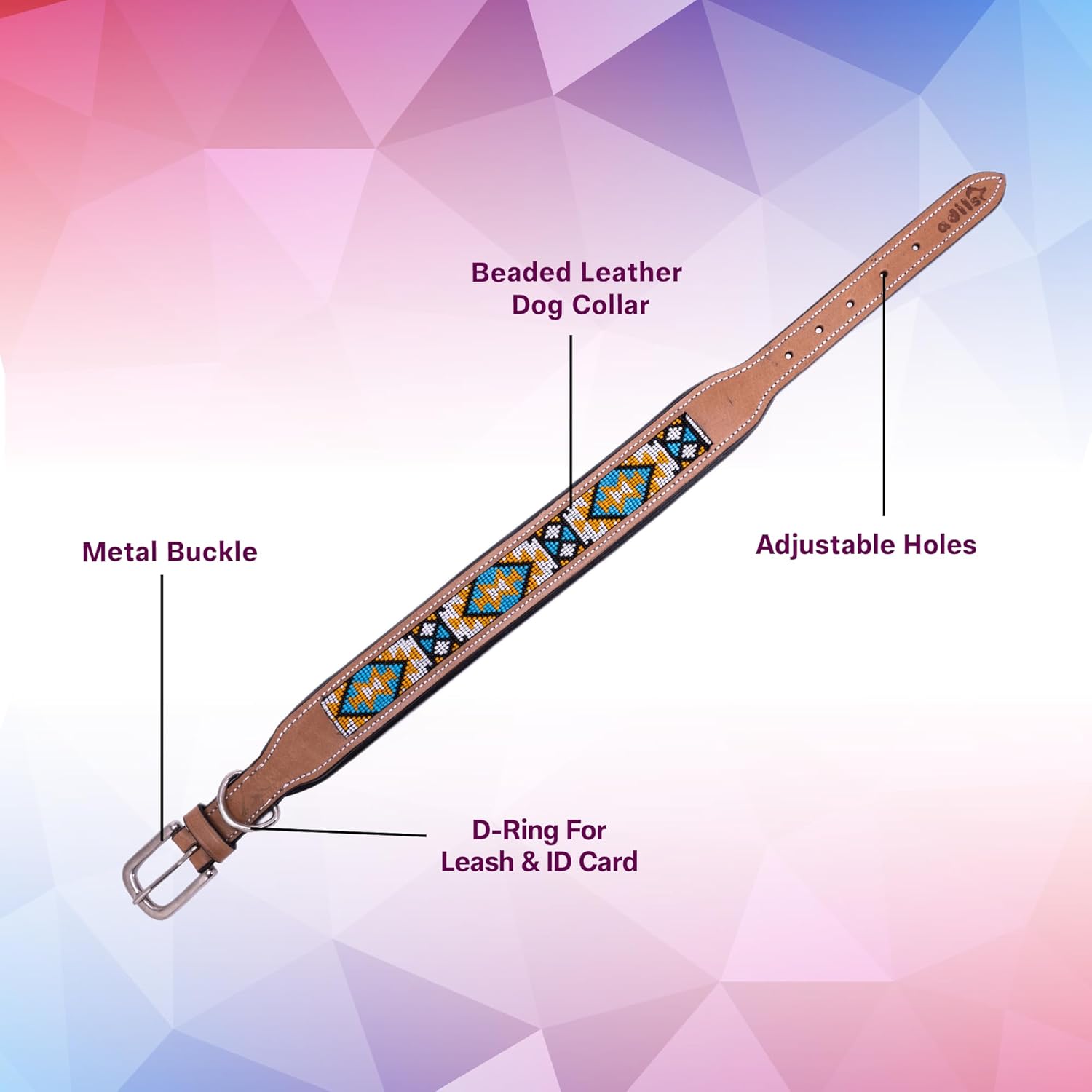 Adil’S Beaded Leather Dog Collar 1.5 Inch Width, for Small, Medium & Large Dogs, Hand Tooled Adjustable Beaded Dog Collars with Strong Metal Buckle & D-Ring