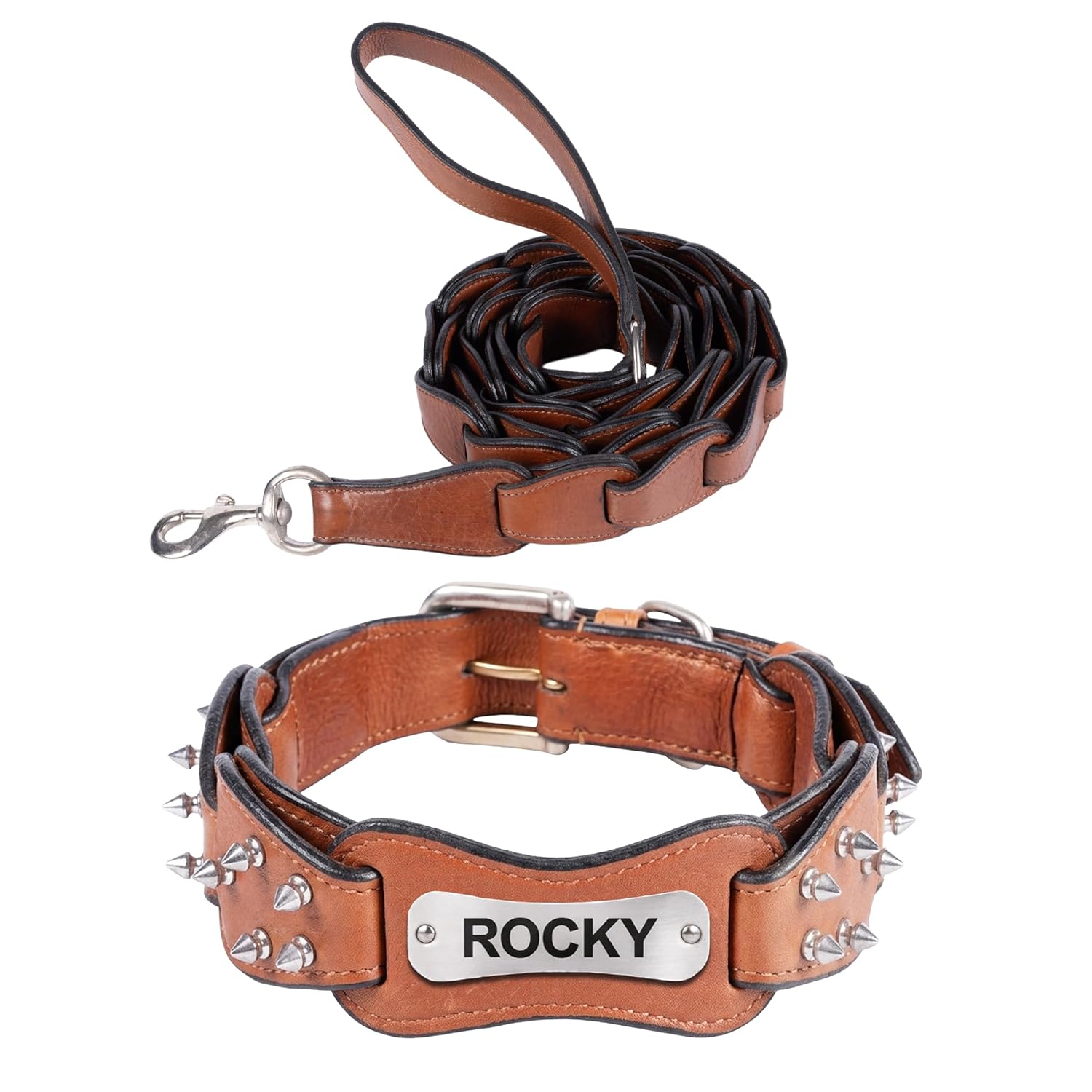 Adil’s Personalized Leather Loop Spike Dog Collar & Leash Combo Set 1.5" Wide Adjustable Neckbelt Metal Buckle D-Ring 5Ft Leather Heavy Duty Loop Cord with 360 Swivel Hook for Training Walking