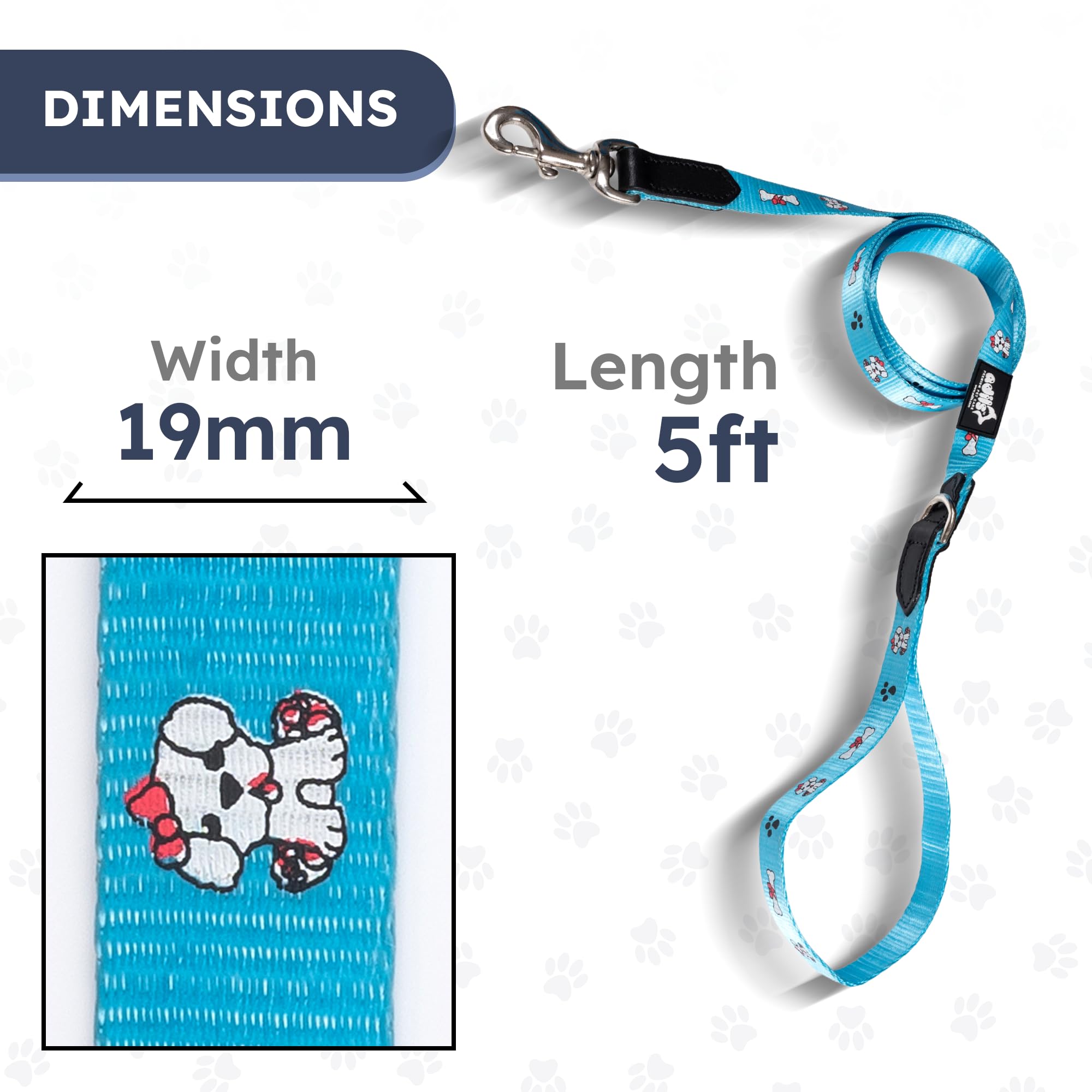 Adil’s Nylon Paw Print Dog Leash – 19mm Wide 5ft Long Durable Lead with 360° Swivel Hook Loop Handle Metal D-Ring Walking Training for Small Medium Pets