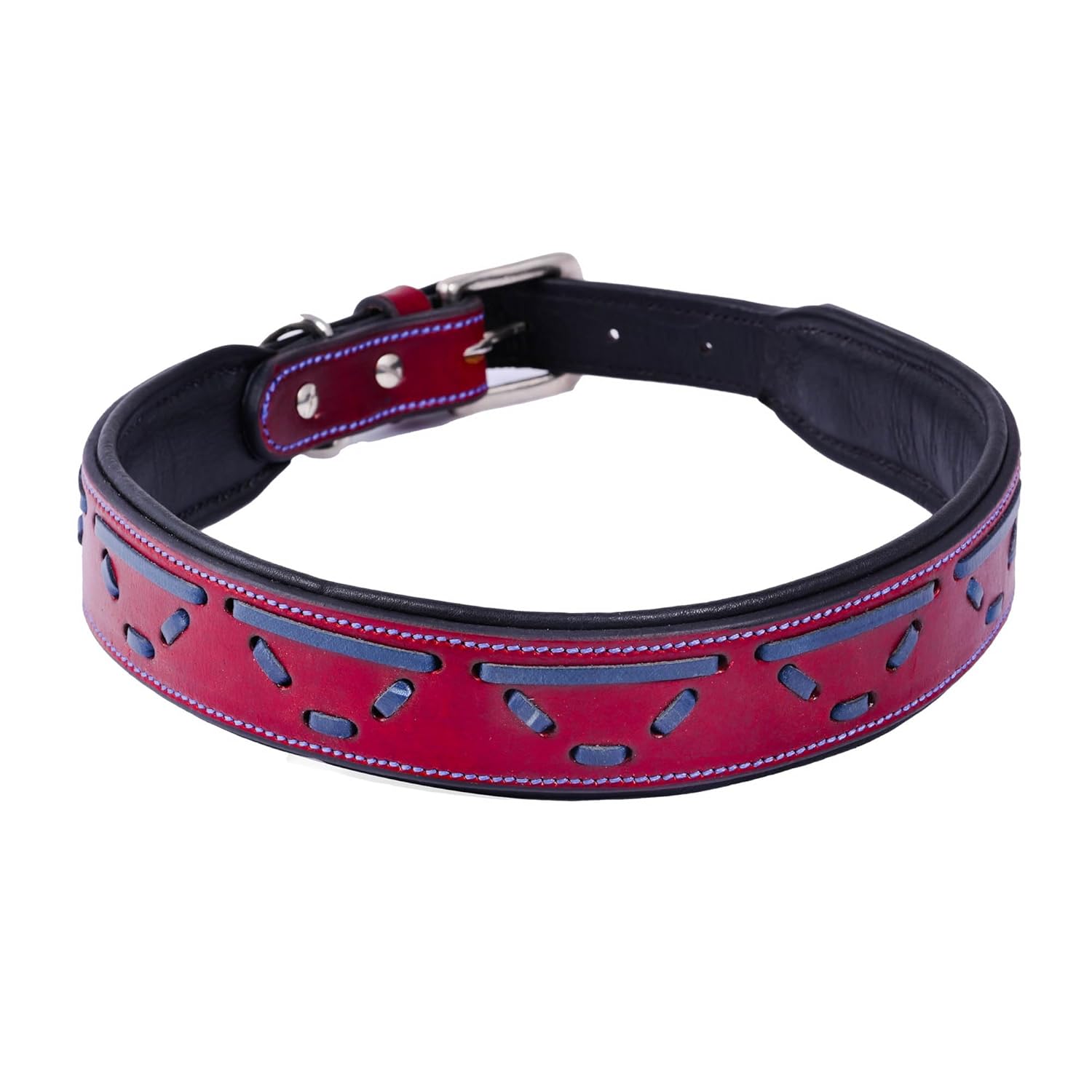 Adil's Leather Dog Collar with Metal Buckle & D-Ring - Red & Navy Blue Design
