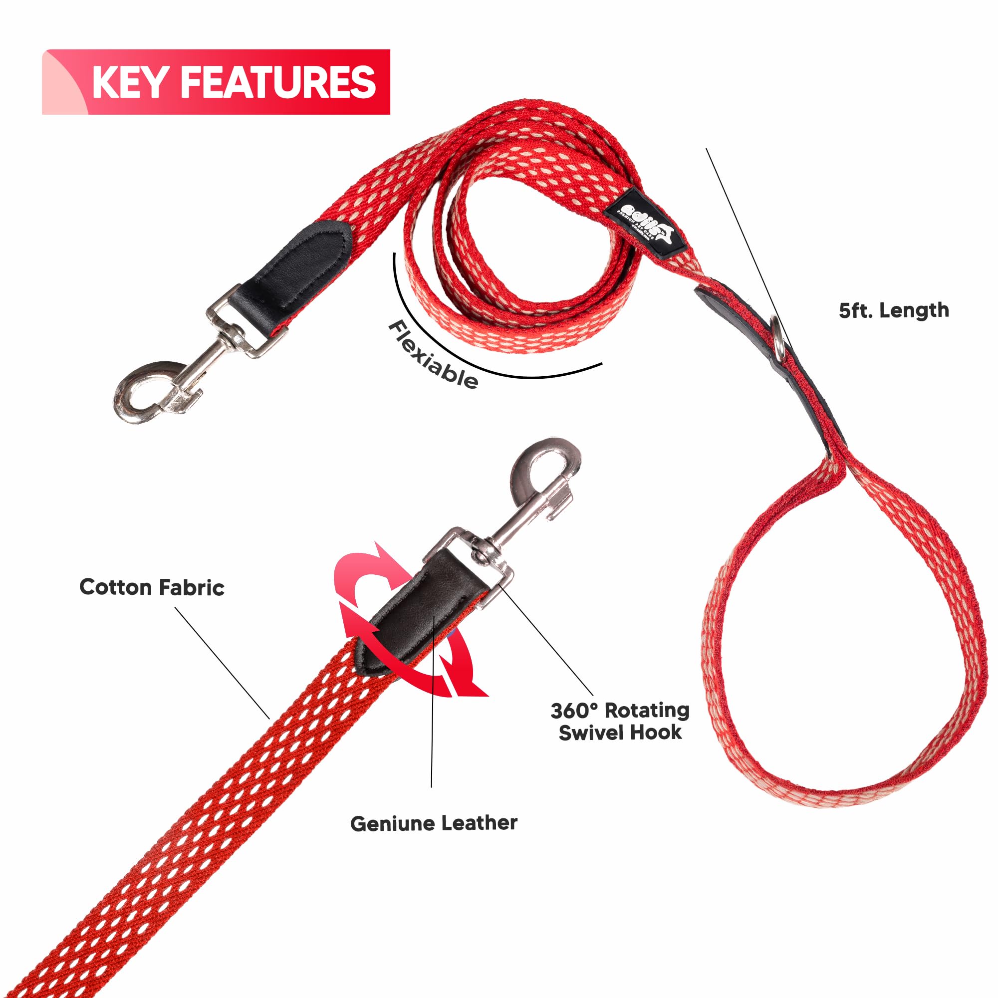 Adil’s 5ft Cotton Dotted Dog Leash with Leather Grip & 360° Swivel Hook – Durable, Comfy & Tangle-Free for All Dog Sizes