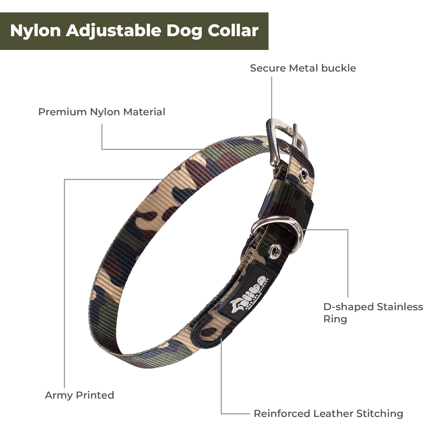 Adil’s Nylon Adjustable Dog Collar & Leash Combo Set in Army Print Durable Neckbelt with Metal Buckle D-Ring 360 Swivel Hook with Comfortable Loop Handle for Small Medium Large Pet (Army Print, S)