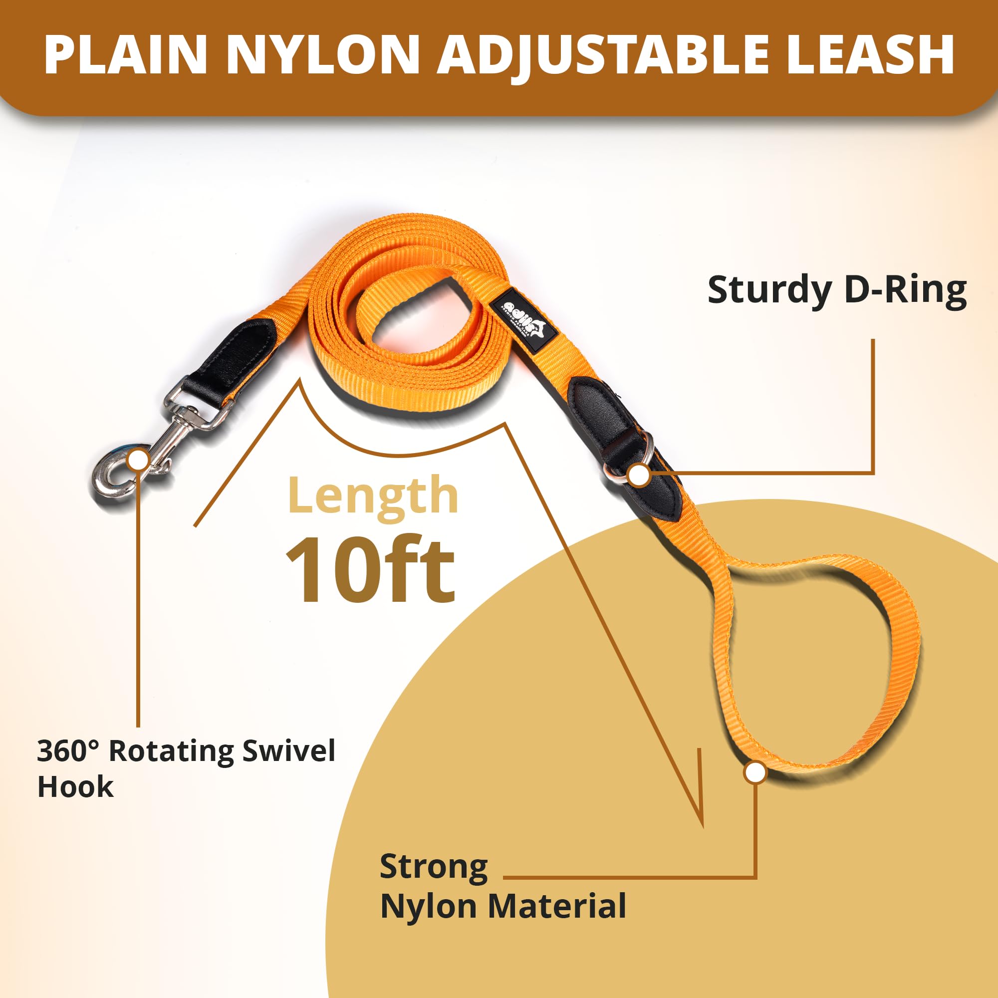 Adil’s 10FT Adjustable Dog Leash Features a Soft Leather Handle, Strong Nylon, and a 360° Swivel Hook—Durable, Comfy, and Ideal for Small to Large Dogs.