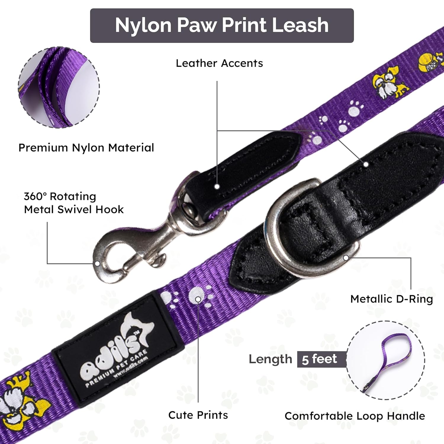Adil's Nylon Paw Print Dog Collar & Leash Combo Set Quick Release Buckle 360° Swivel Hook Leather Accents 0.75 Inch Collar 5Ft Lead Walking Training for Small Medium Pets
