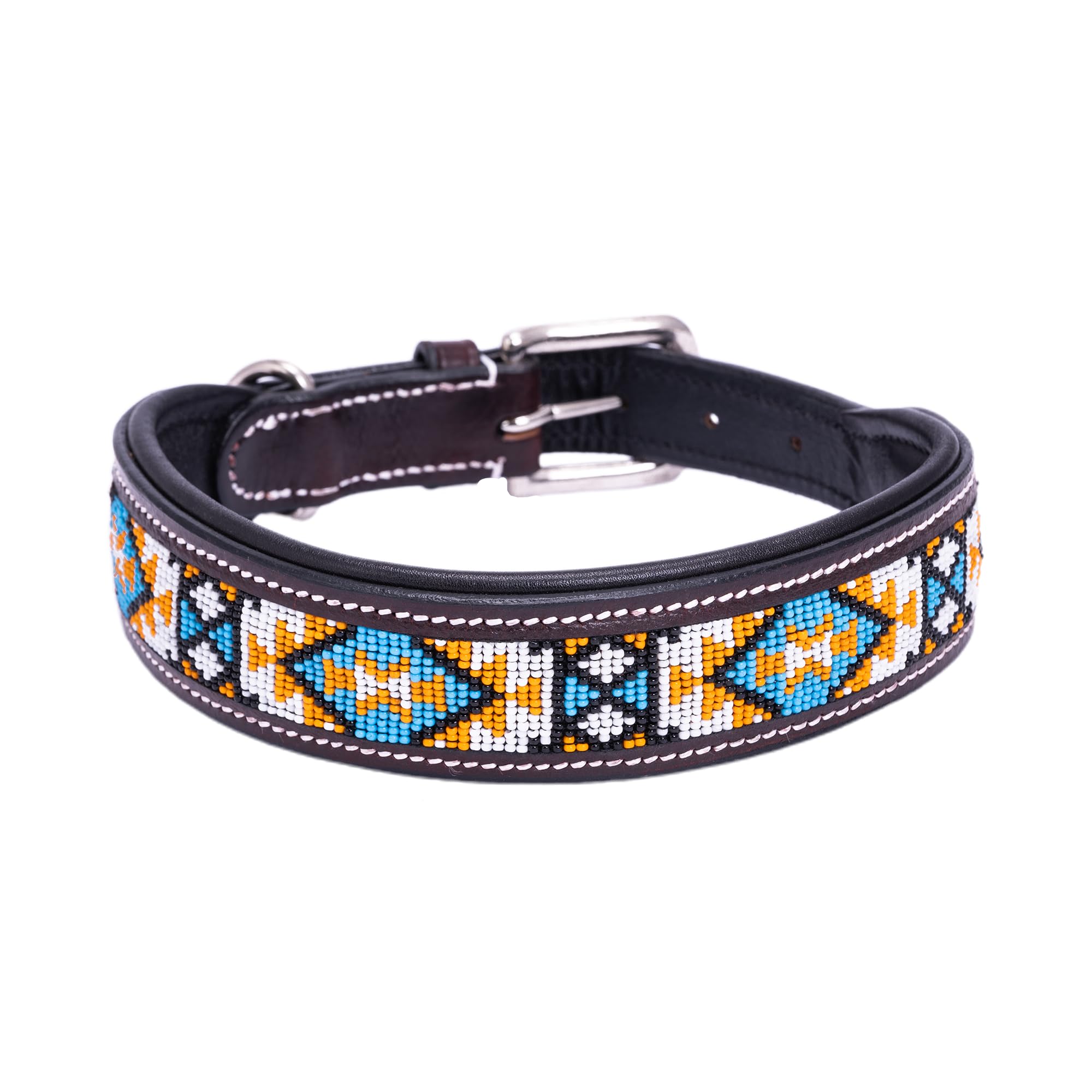 Adil’S Beaded Leather Dog Collar 1.5 Inch Width, for Small, Medium & Large Dogs, Hand Tooled Adjustable Beaded Dog Collars with Strong Metal Buckle & D-Ring