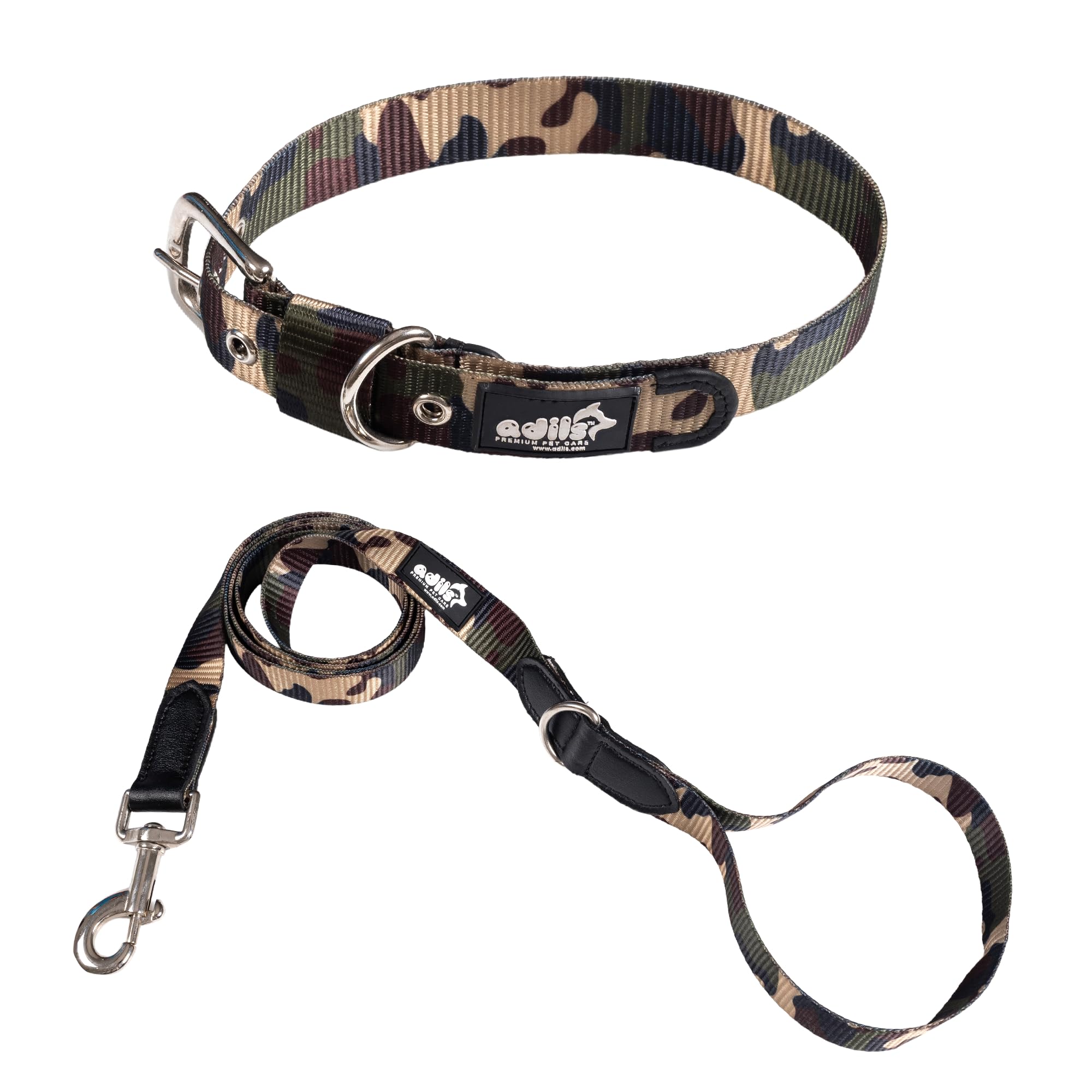 Adil’s Nylon Adjustable Dog Collar & Leash Combo Set in Army Print Durable Neckbelt with Metal Buckle D-Ring 360 Swivel Hook with Comfortable Loop Handle for Small Medium Large Pet (Army Print, S)