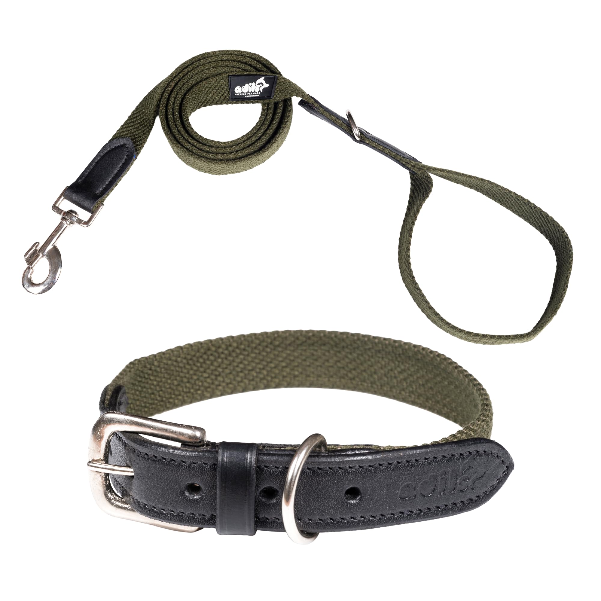 Adil’s Plain Cotton Adjustable Leather Neck Belt Dog Collar & 5FT Leash Combo Set | Durable Cotton-Leather with Metal Buckle for Small, Medium & Large Dogs (Black, M(16''-20''))