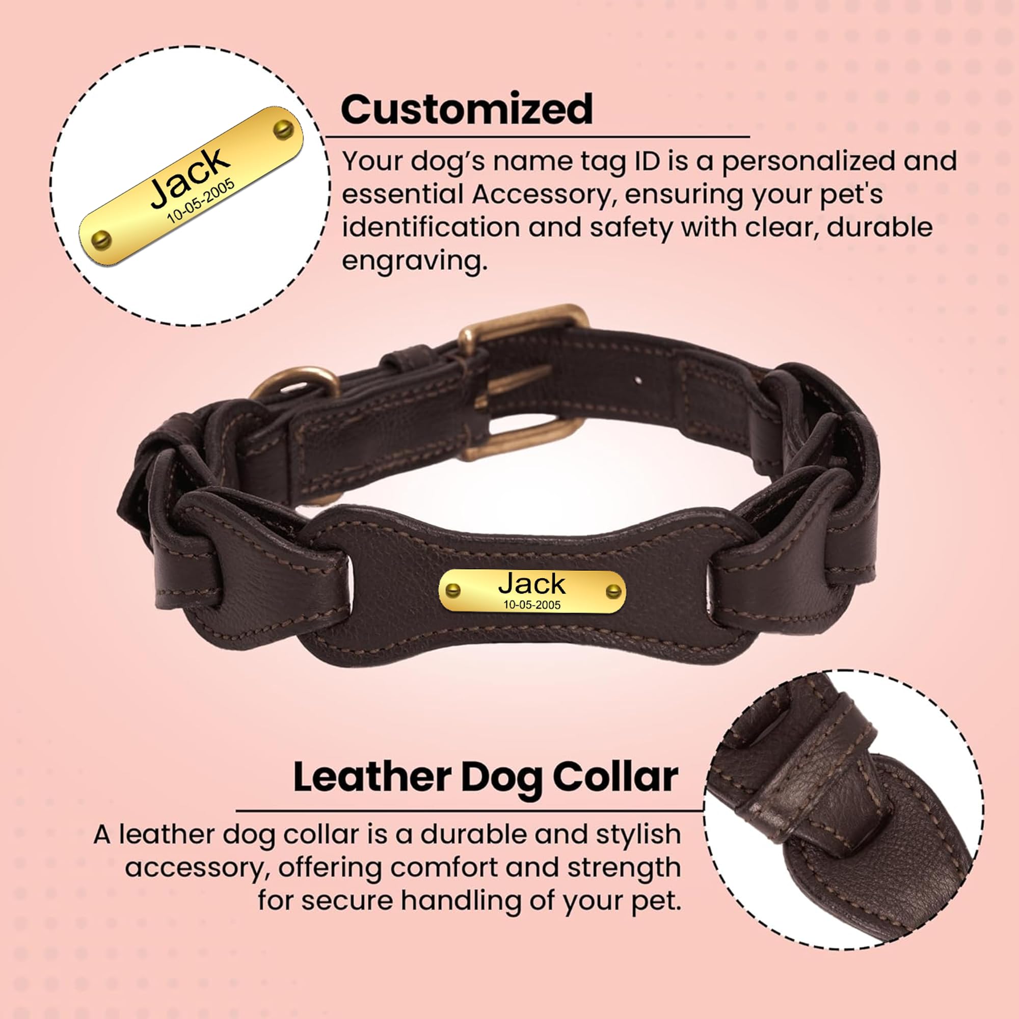 Adil’S Soft Leather Personalized Dog Collar for Large Medium Small Dogs Neck Collar with Personalized Dog Name in Neck Size 12 Inch to 26 Inch