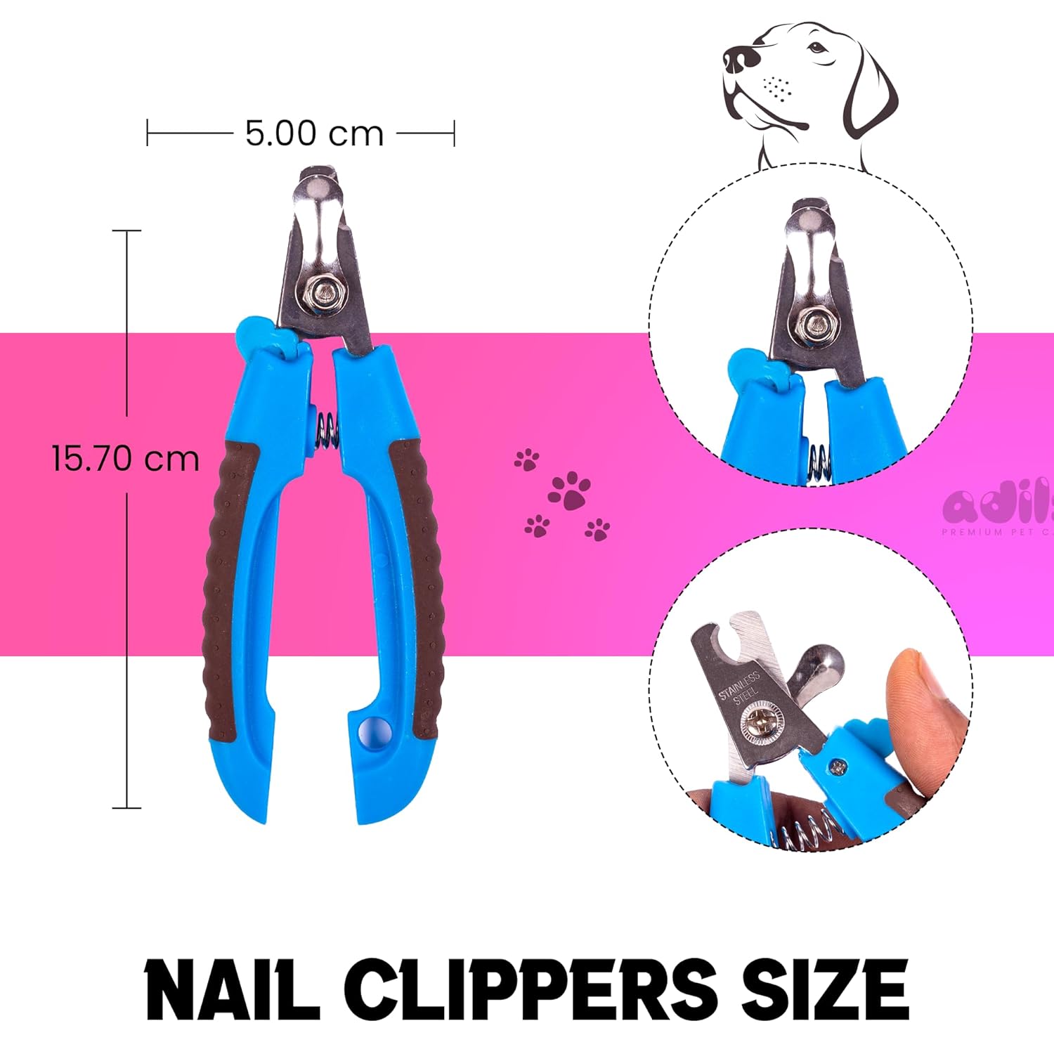 Adil’s Dog Nail Clipper - Pet Nail Trimmer with Safety Guard - Nail Cutter for Dogs & Cats, Stainless Steel Blades, Non-Slip Rubber Handle Grooming Tool for Pets